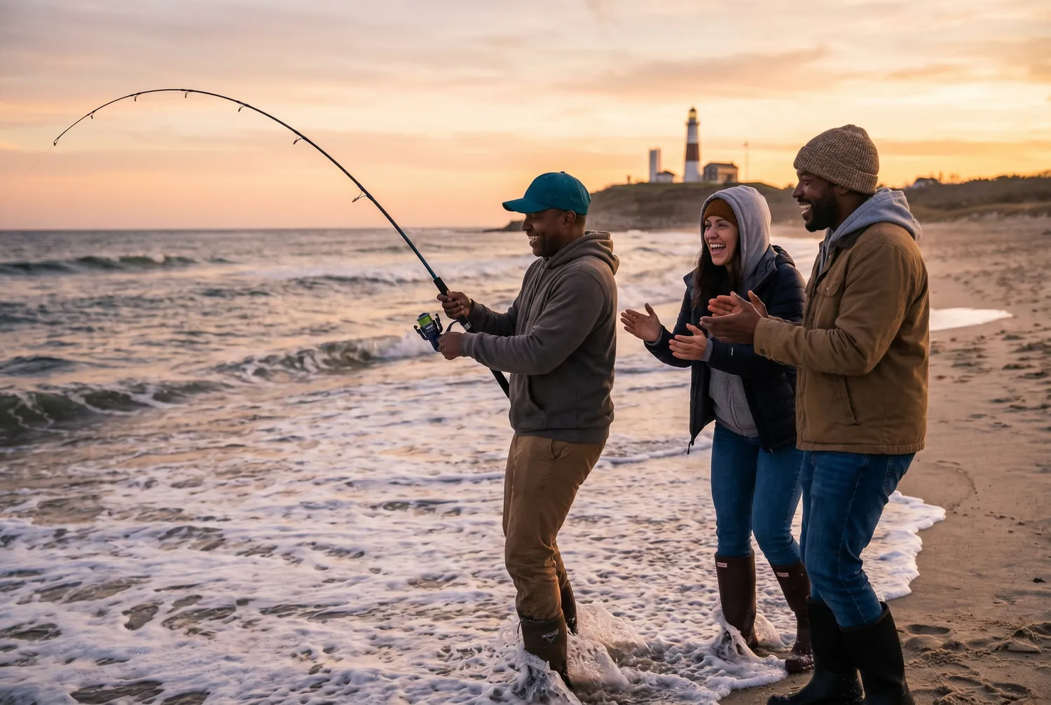 Surf fishing below the Montauk Point Lighthouse on Long Island Surf fishing below the Montauk Point Lighthouse on Long Island
