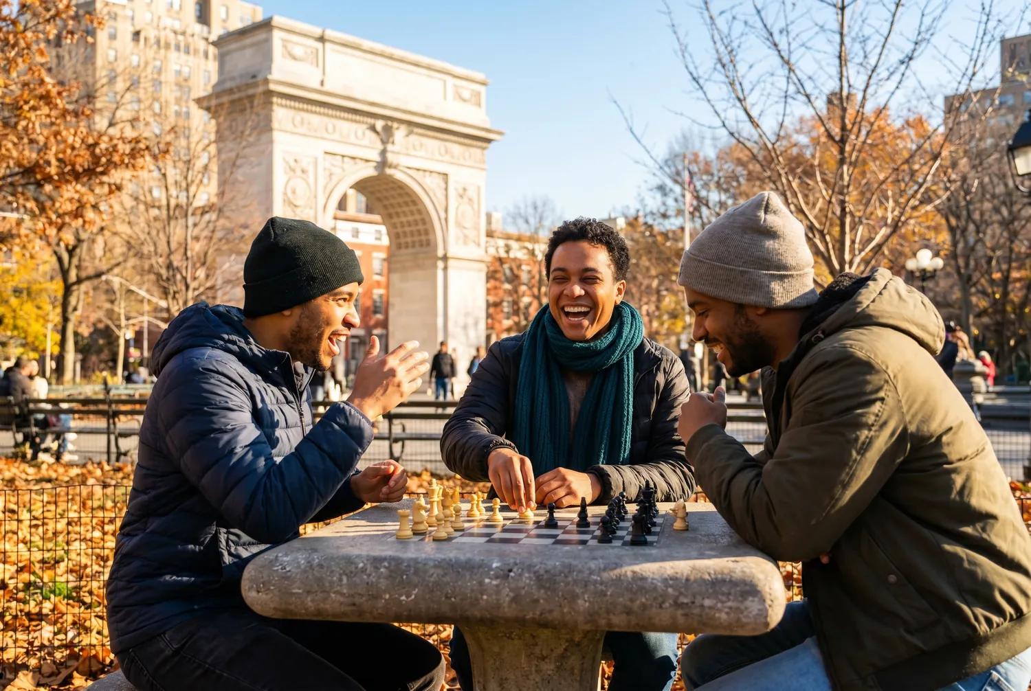 Friends playing chess by the Washington Square Park arch in Manhattan Friends playing chess by the Washington Square Park arch in Manhattan