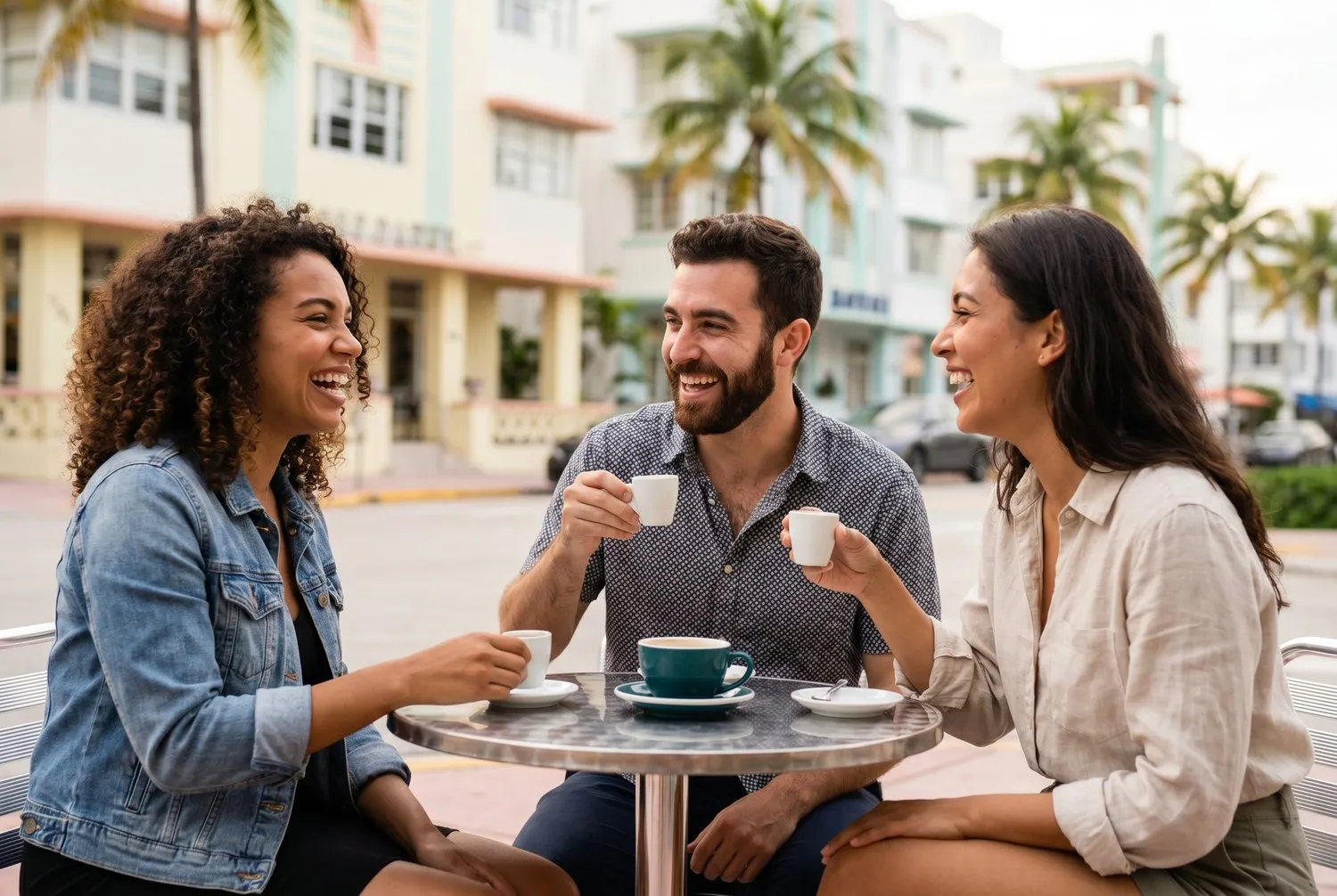 Three friends sharing Cuban cafecito at a South Beach sidewalk cafe in Miami, Florida Three friends sharing Cuban cafecito at a South Beach sidewalk cafe in Miami, Florida