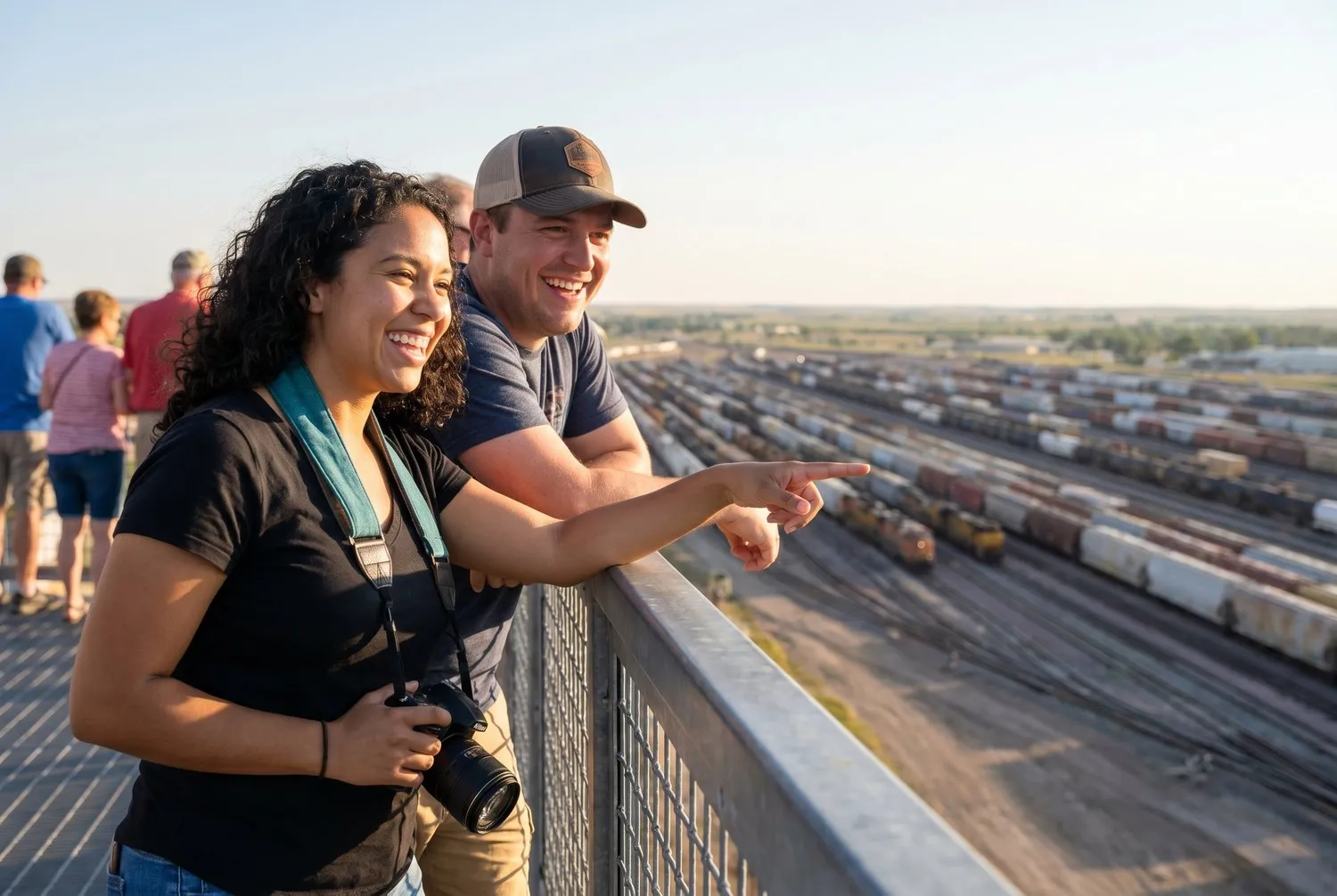 Visitors viewing Bailey Yard from the Golden Spike Tower in North Platte, Nebraska Visitors viewing Bailey Yard from the Golden Spike Tower in North Platte, Nebraska
