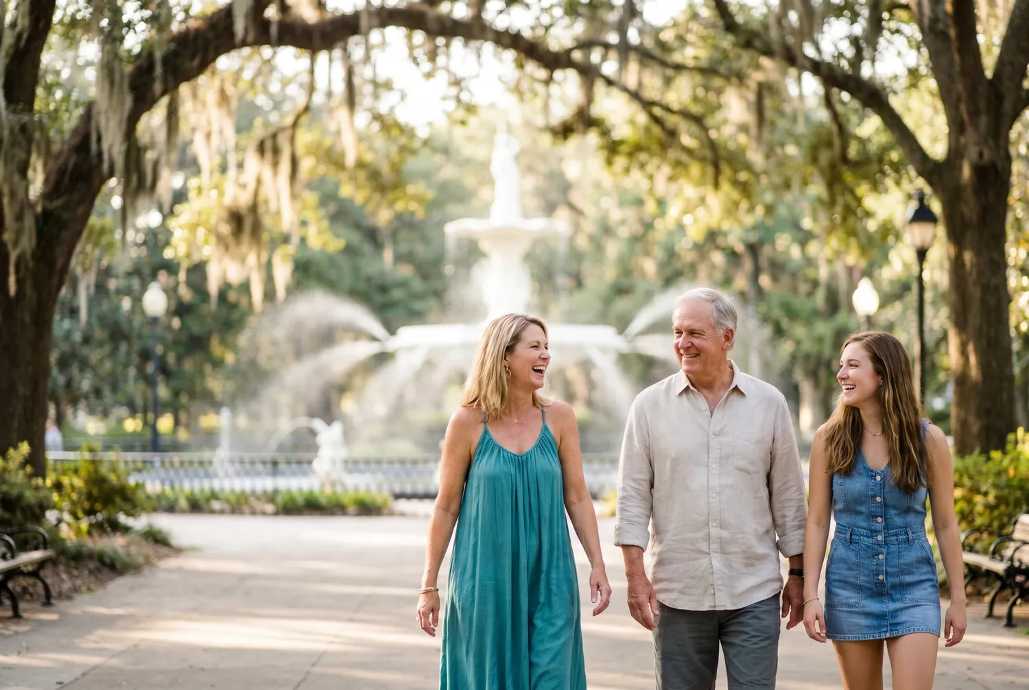 Friends strolling past the Forsyth Park fountain under live oaks in Savannah, Georgia Friends strolling past the Forsyth Park fountain under live oaks in Savannah, Georgia