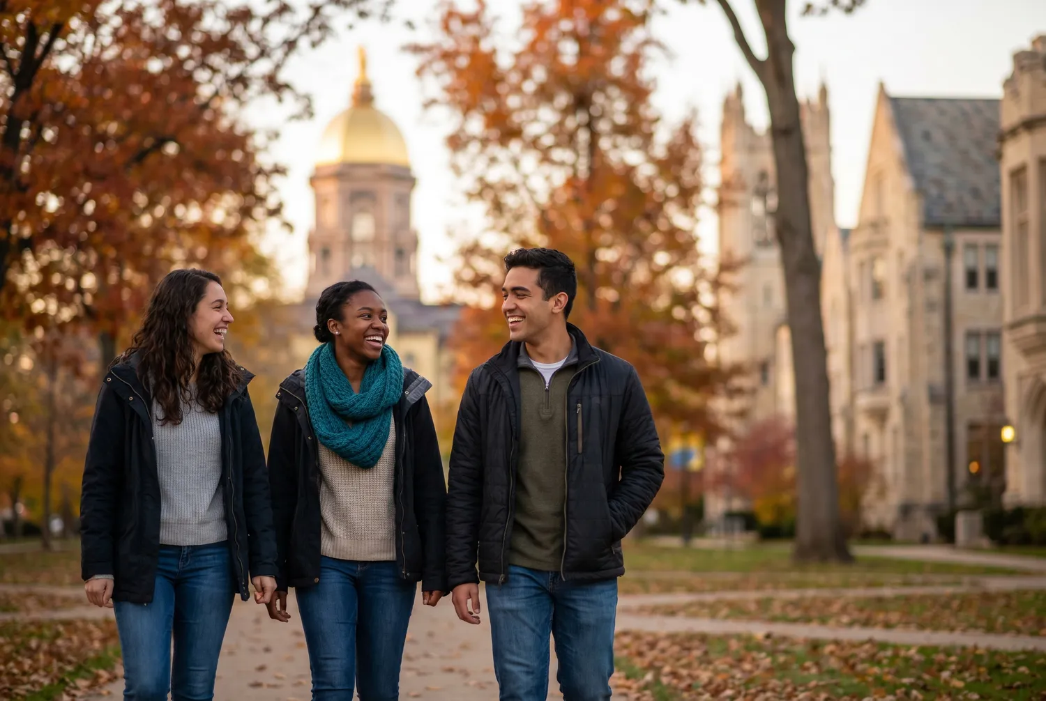 Friends on a leafy collegiate quad in South Bend, Indiana Friends on a leafy collegiate quad in South Bend, Indiana