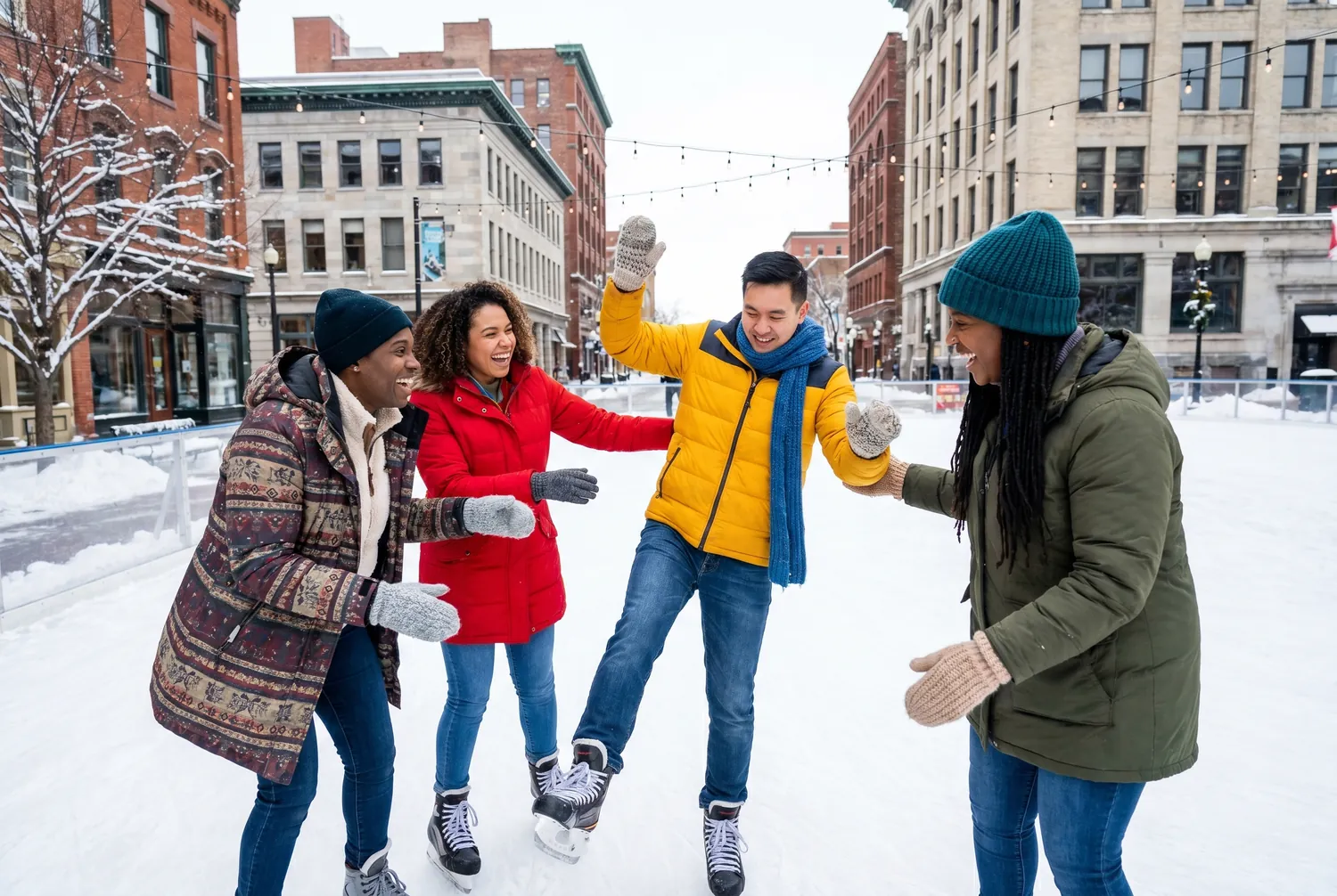 Friends ice skating at a snowy downtown Syracuse rink Friends ice skating at a snowy downtown Syracuse rink