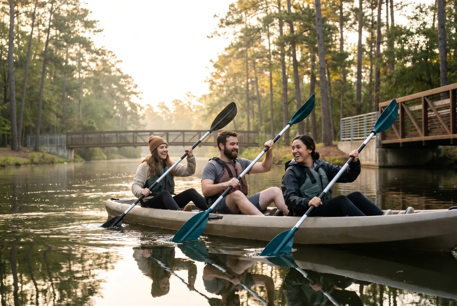 Kayaking the pine-lined Waterway in The Woodlands Kayaking the pine-lined Waterway in The Woodlands