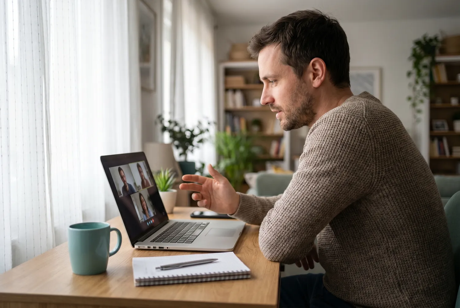 Man at a home desk talking with an online psychiatrist during a video appointment Man at a home desk talking with an online psychiatrist during a video appointment