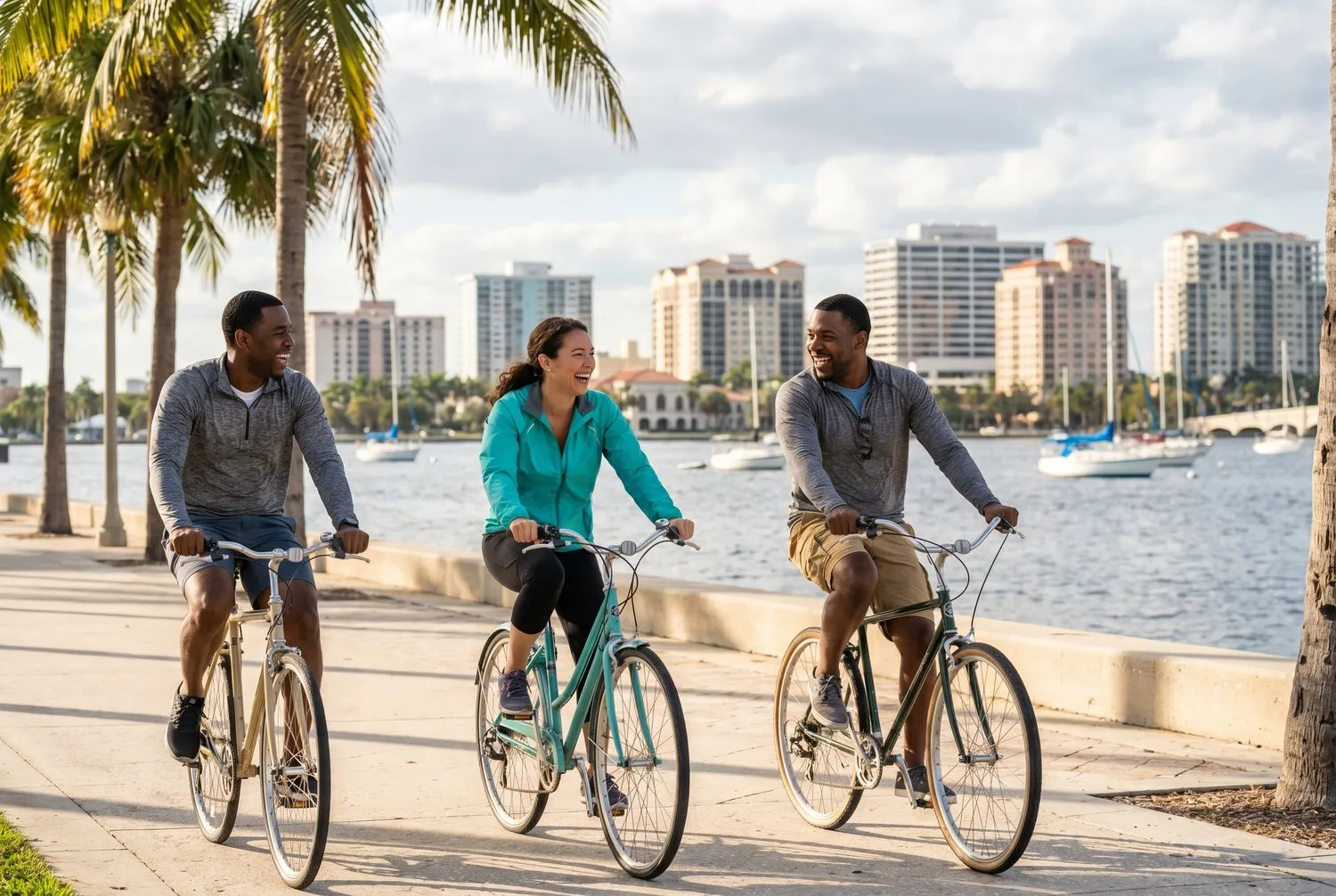 Cyclists on the Flagler Drive waterfront in West Palm Beach, Florida Cyclists on the Flagler Drive waterfront in West Palm Beach, Florida