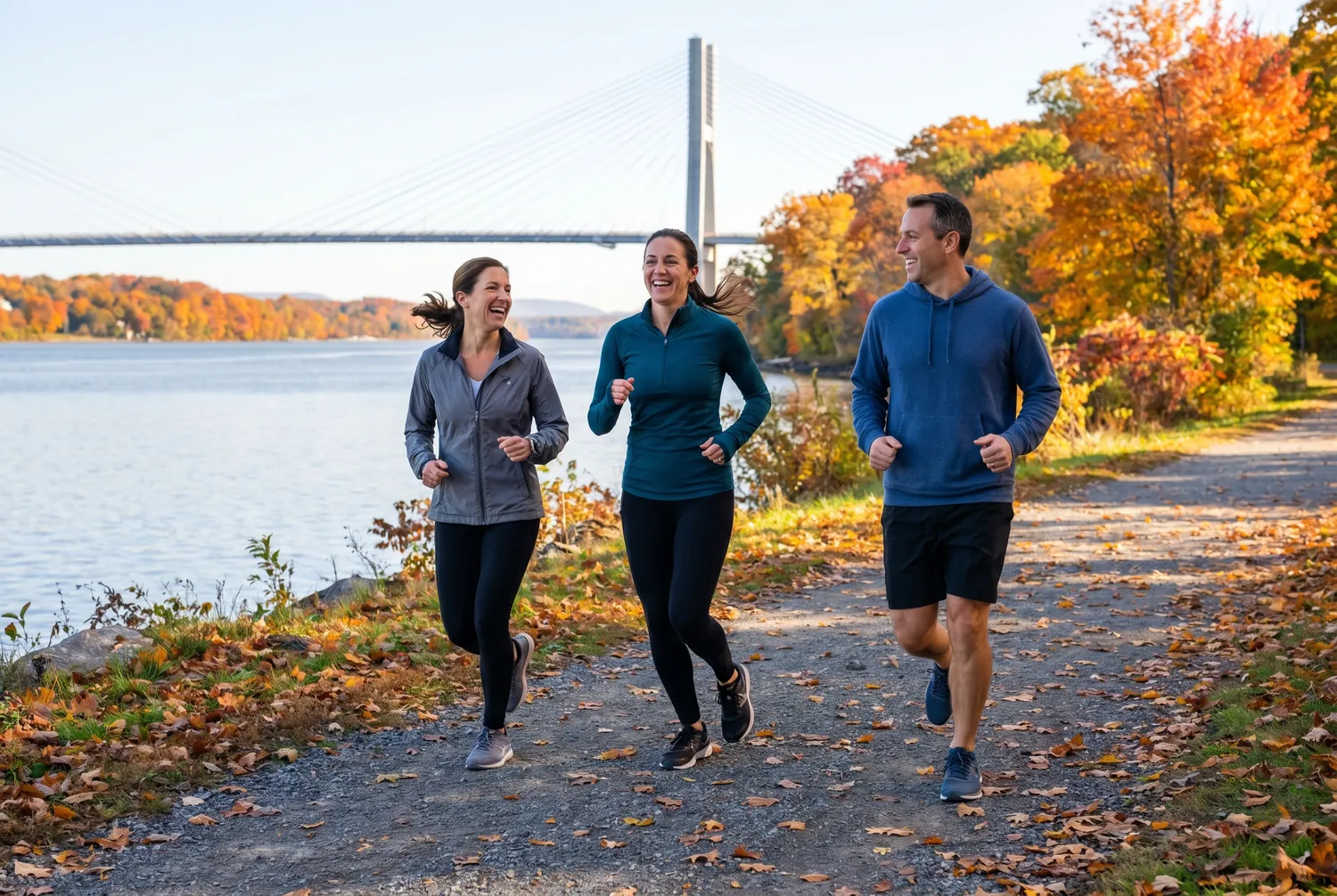 Friends jogging a Hudson riverside path in Westchester County Friends jogging a Hudson riverside path in Westchester County