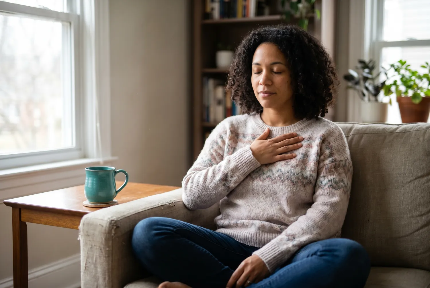 An adult sitting calmly at home practicing slow breathing during a wave of anxiety An adult sitting calmly at home practicing slow breathing during a wave of anxiety