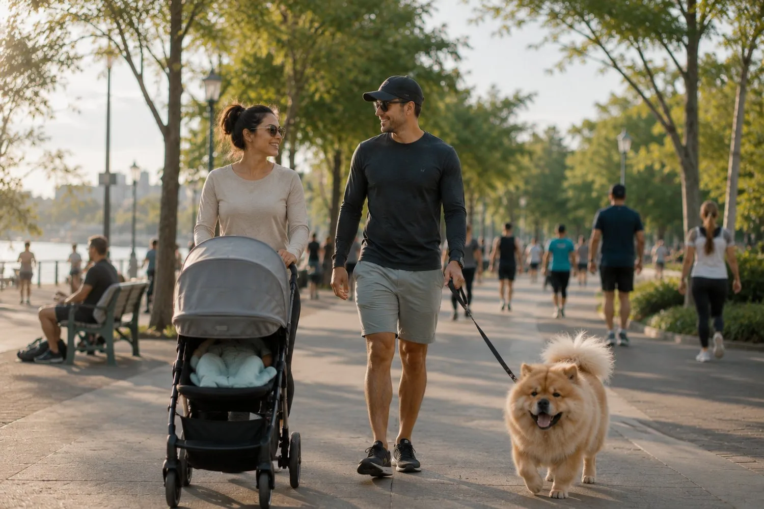 a parent on a short walk outdoors with a stroller, a moment of relief a parent on a short walk outdoors with a stroller, a moment of relief