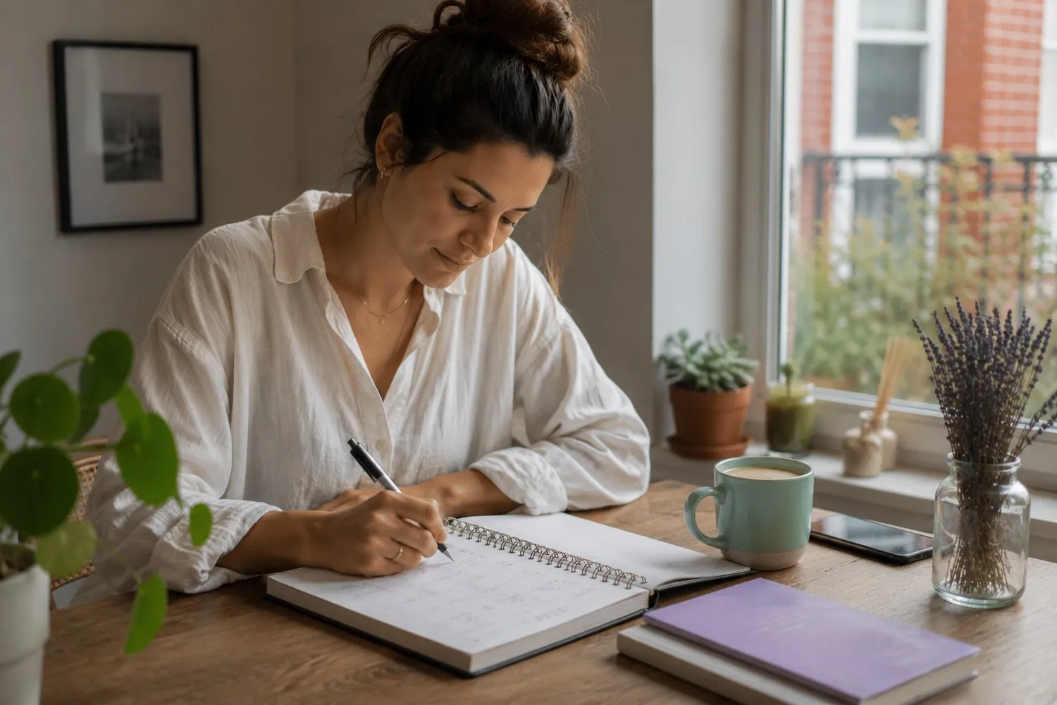 a calm person tracking their cycle in a notebook by a window a calm person tracking their cycle in a notebook by a window