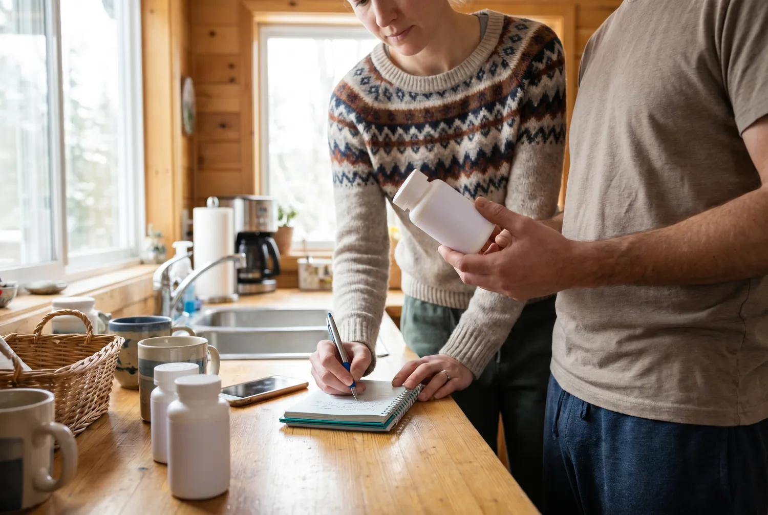 A couple at a kitchen counter writing a medication list before a first appointment A couple at a kitchen counter writing a medication list before a first appointment