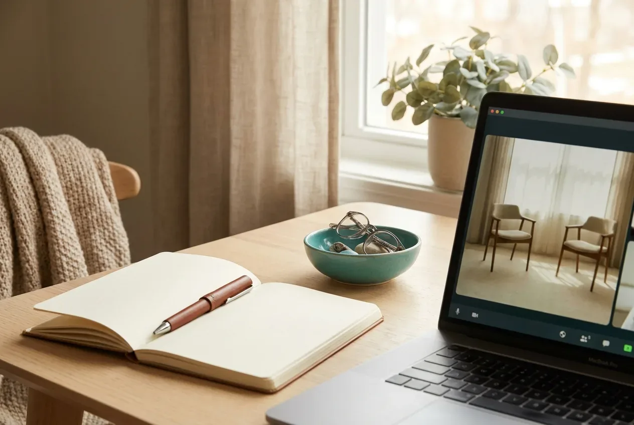 A notebook with a checklist and a laptop set up for a calm video visit, organized, teal accent A notebook with a checklist and a laptop set up for a calm video visit, organized, teal accent