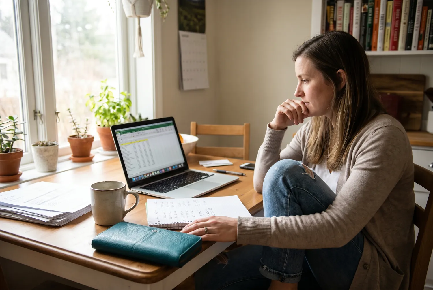 Woman at a kitchen table planning her budget for psychiatric care Woman at a kitchen table planning her budget for psychiatric care