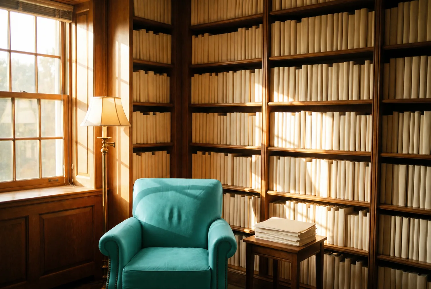 A warm library reading corner with a teal armchair, sunlit shelves, and a stack of pages on a side table A warm library reading corner with a teal armchair, sunlit shelves, and a stack of pages on a side table