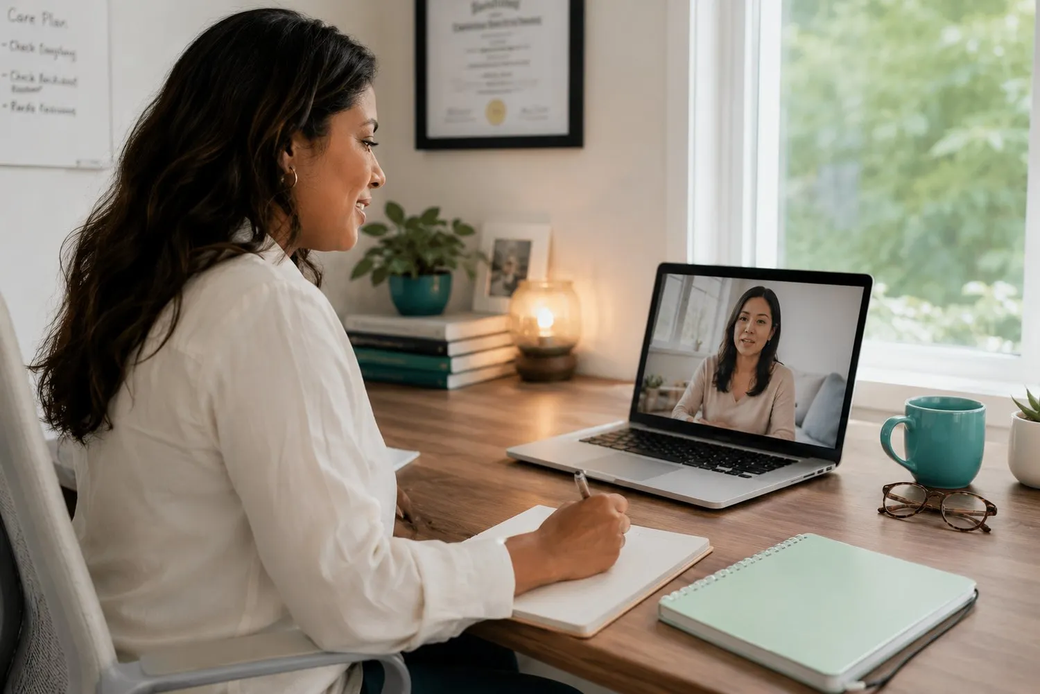 a clinician reviewing a care plan on a laptop during a calm video visit a clinician reviewing a care plan on a laptop during a calm video visit