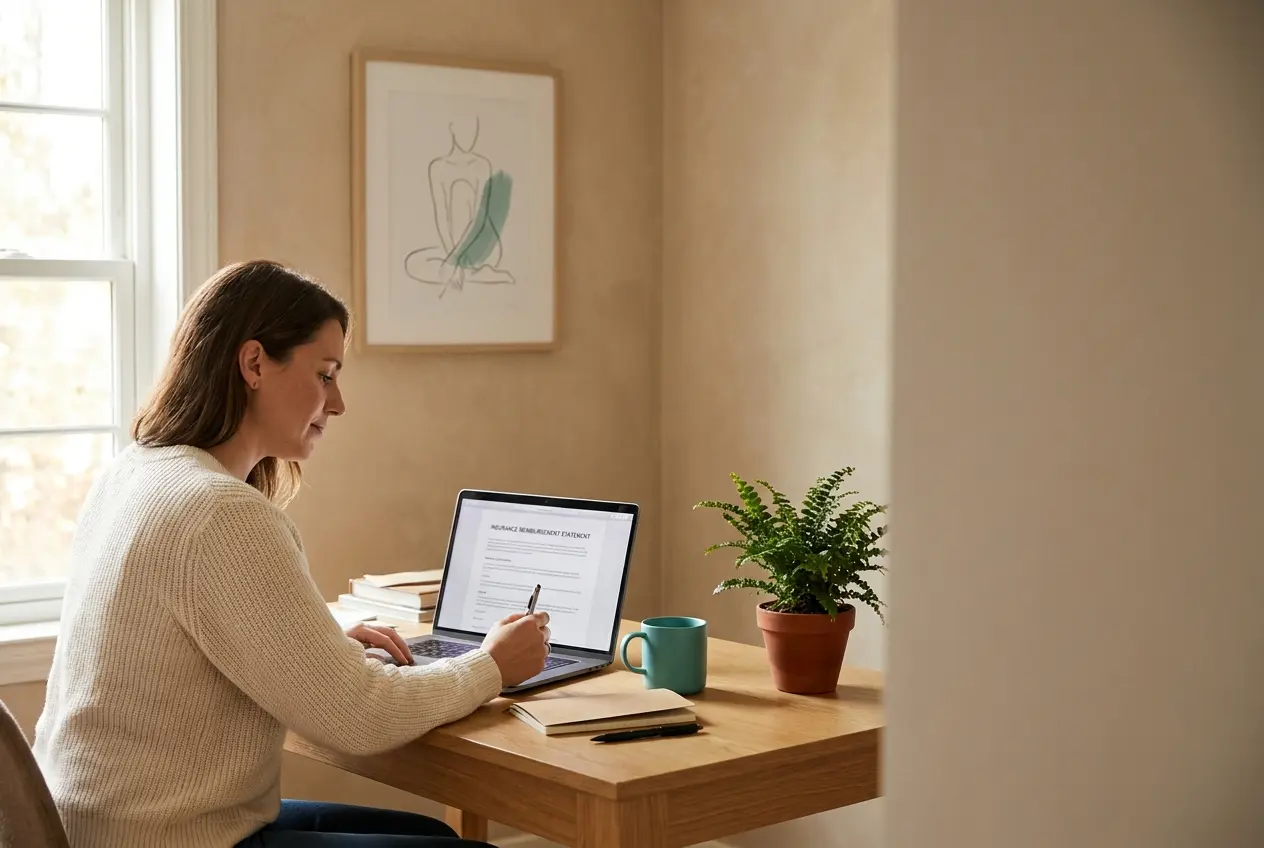 A calm adult at a home office desk reviewing an insurance reimbursement statement on a laptop, with a teal ceramic mug and small plant on the desk A calm adult at a home office desk reviewing an insurance reimbursement statement on a laptop, with a teal ceramic mug and small plant on the desk
