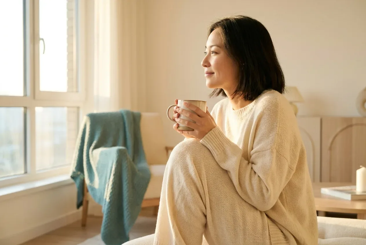 A calm, hopeful person by a bright window at sunrise A calm, hopeful person by a bright window at sunrise