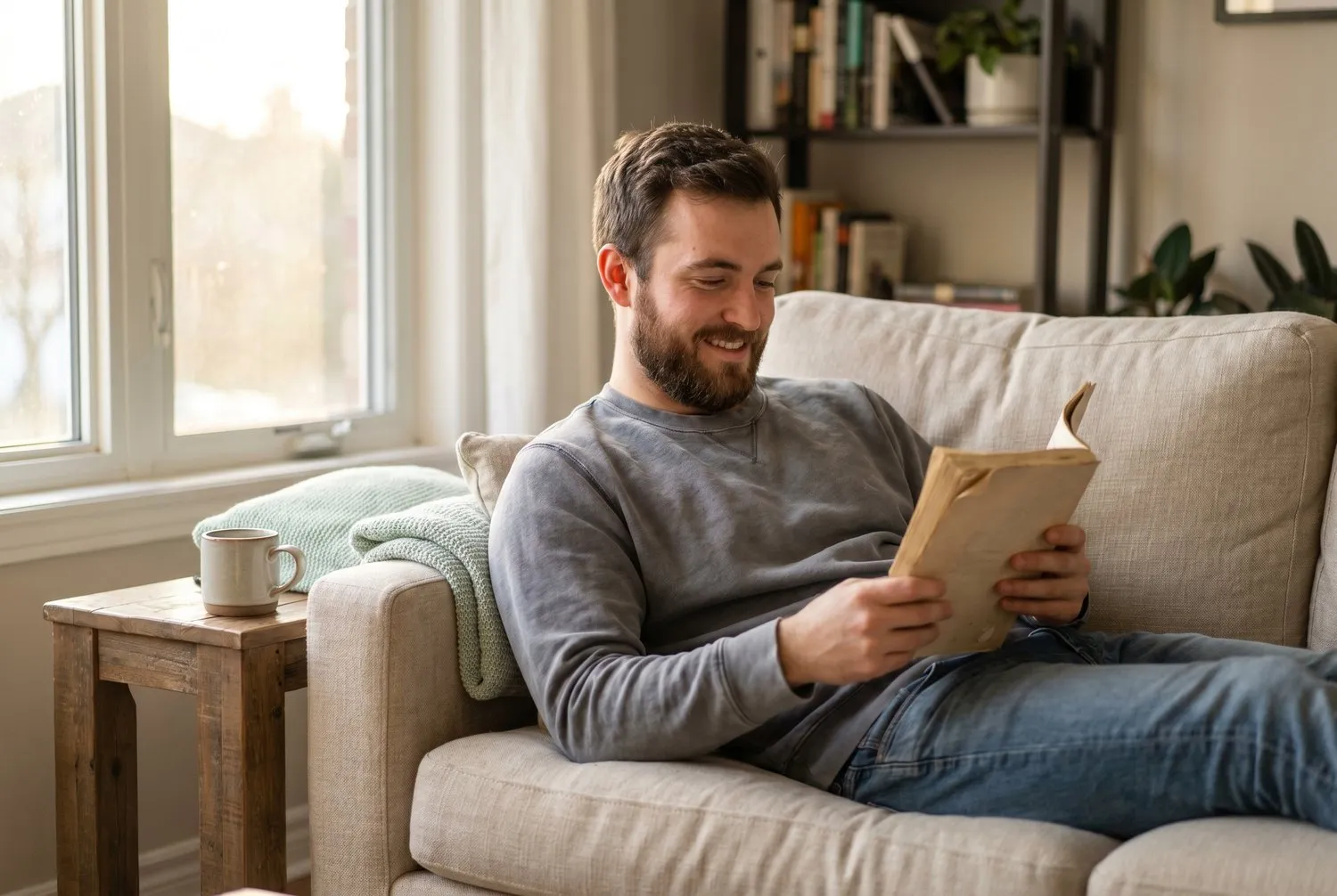 Reading a mental health guide on the couch at home Reading a mental health guide on the couch at home