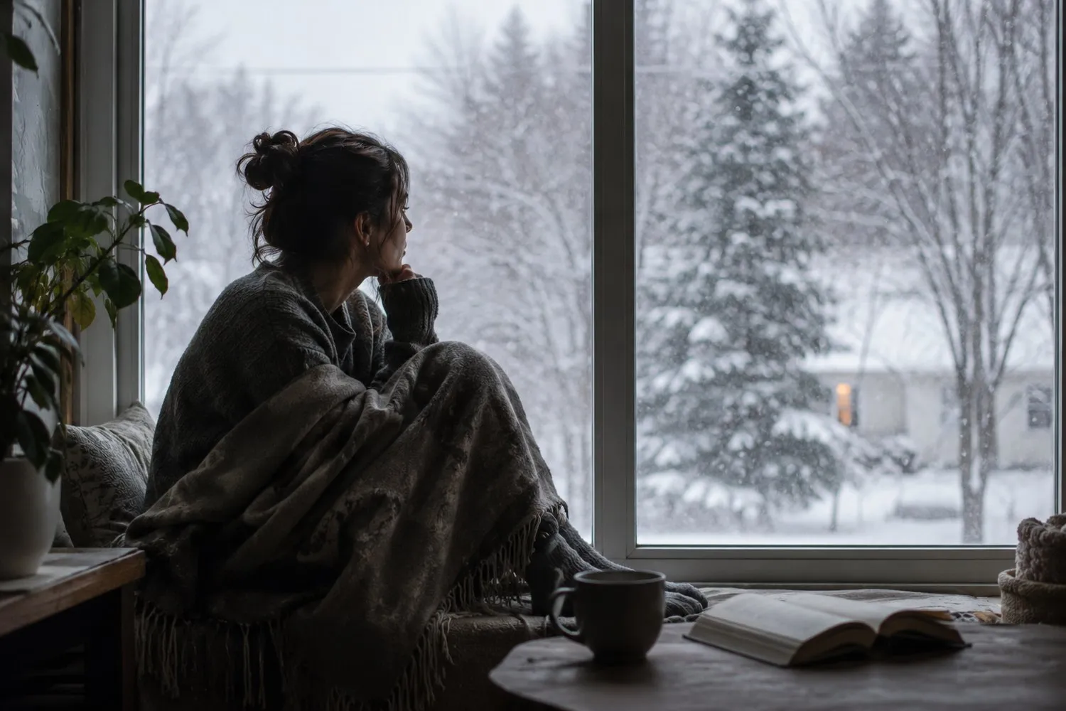 an adult by a frosted window in low winter light, quiet and tired an adult by a frosted window in low winter light, quiet and tired