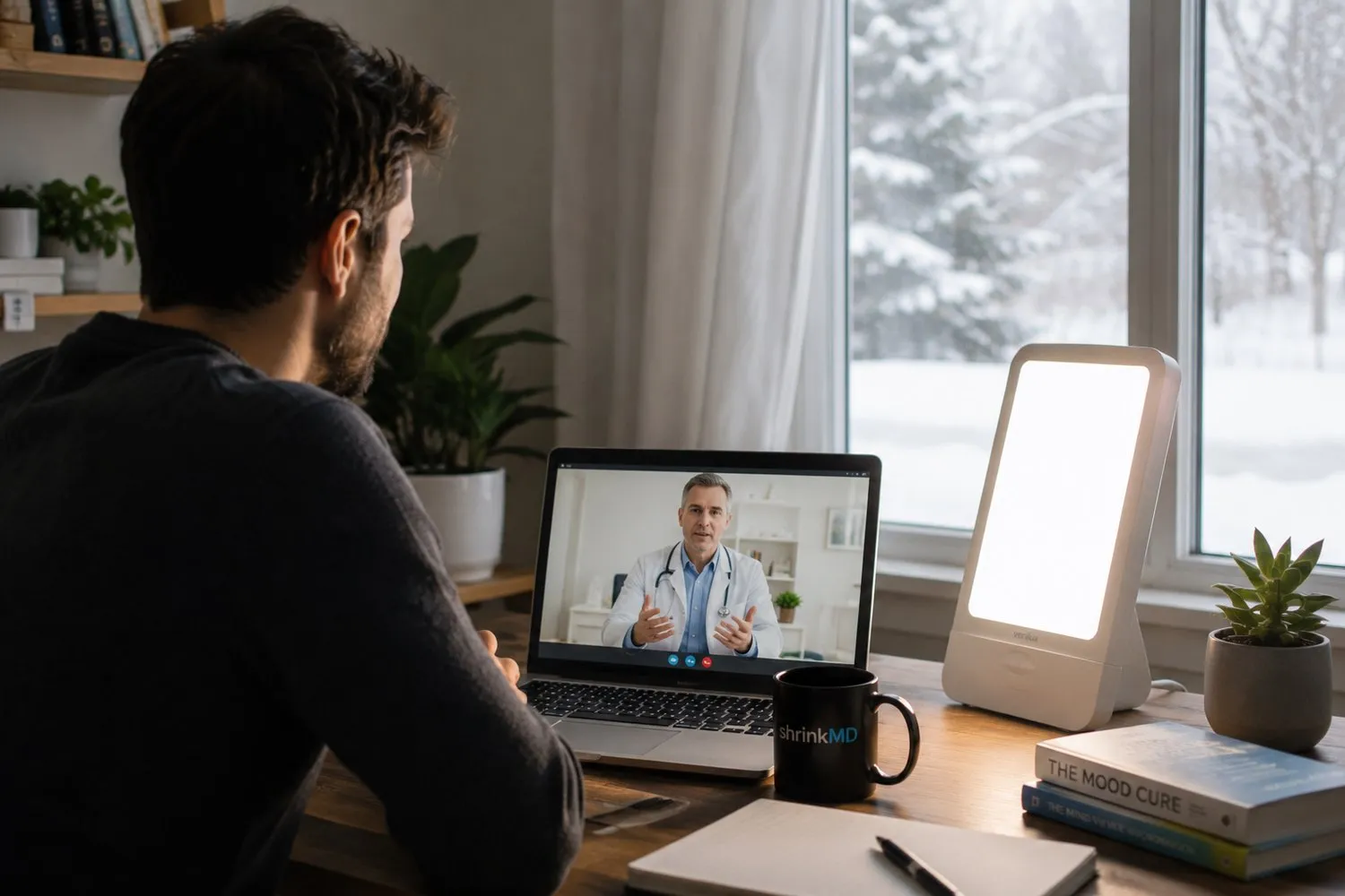 a bright light therapy lamp on a desk by a coffee mug on a winter morning a bright light therapy lamp on a desk by a coffee mug on a winter morning