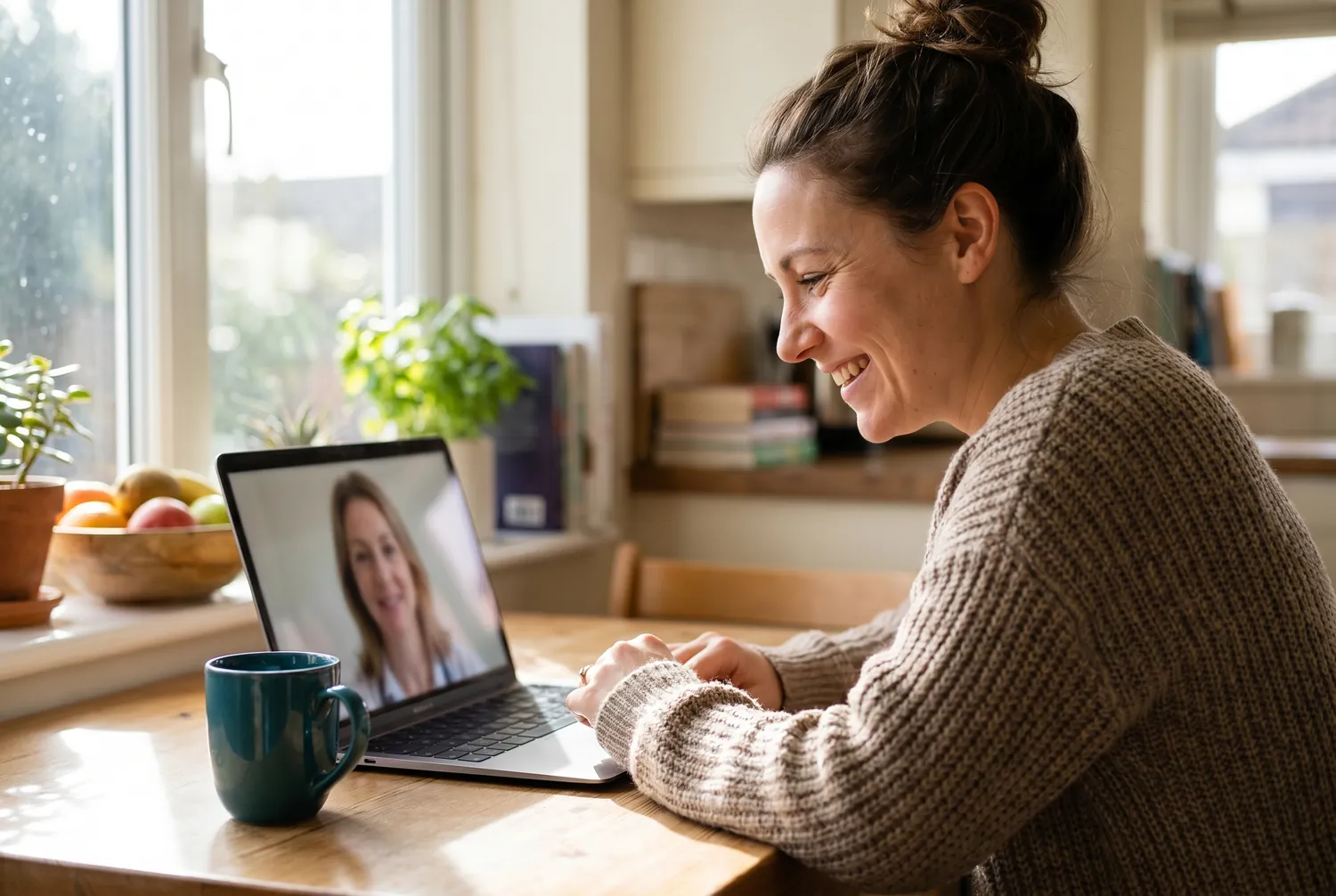 Woman at a sunlit kitchen table talking with a psychiatrist over a laptop video call, a deep teal mug beside her Woman at a sunlit kitchen table talking with a psychiatrist over a laptop video call, a deep teal mug beside her