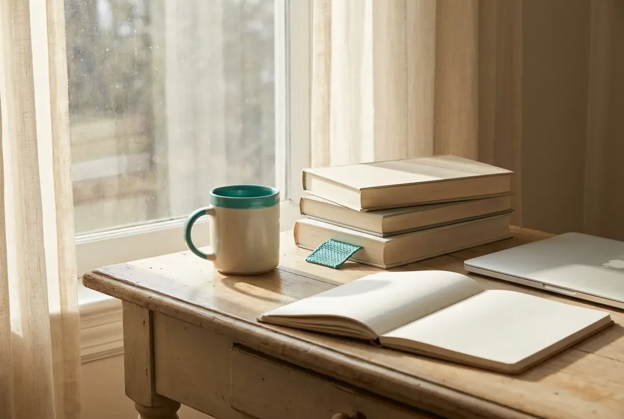 A calm, organized desk of trusted books and resources by a sunlit window, with a teal accent A calm, organized desk of trusted books and resources by a sunlit window, with a teal accent