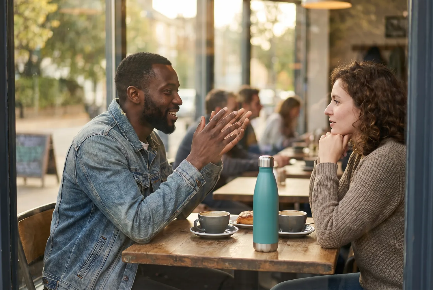 Two friends talking at a cafe table by a window with a teal water bottle between them Two friends talking at a cafe table by a window with a teal water bottle between them