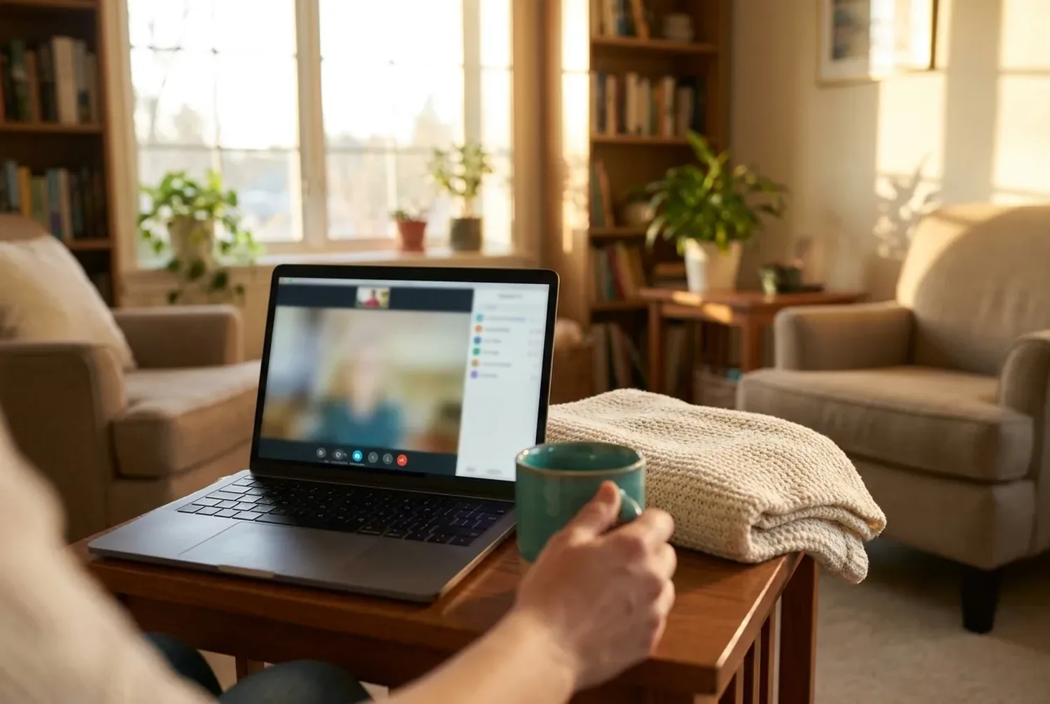 A warm living room with a laptop showing a calm video call setup and a teal mug nearby A warm living room with a laptop showing a calm video call setup and a teal mug nearby