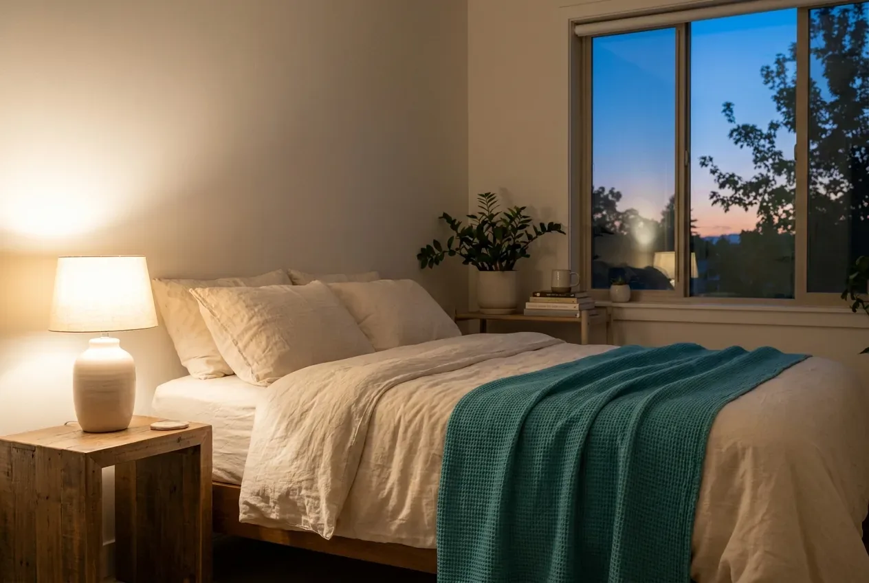 A calm, cozy bedroom at twilight with a warm lamp and a teal throw blanket A calm, cozy bedroom at twilight with a warm lamp and a teal throw blanket