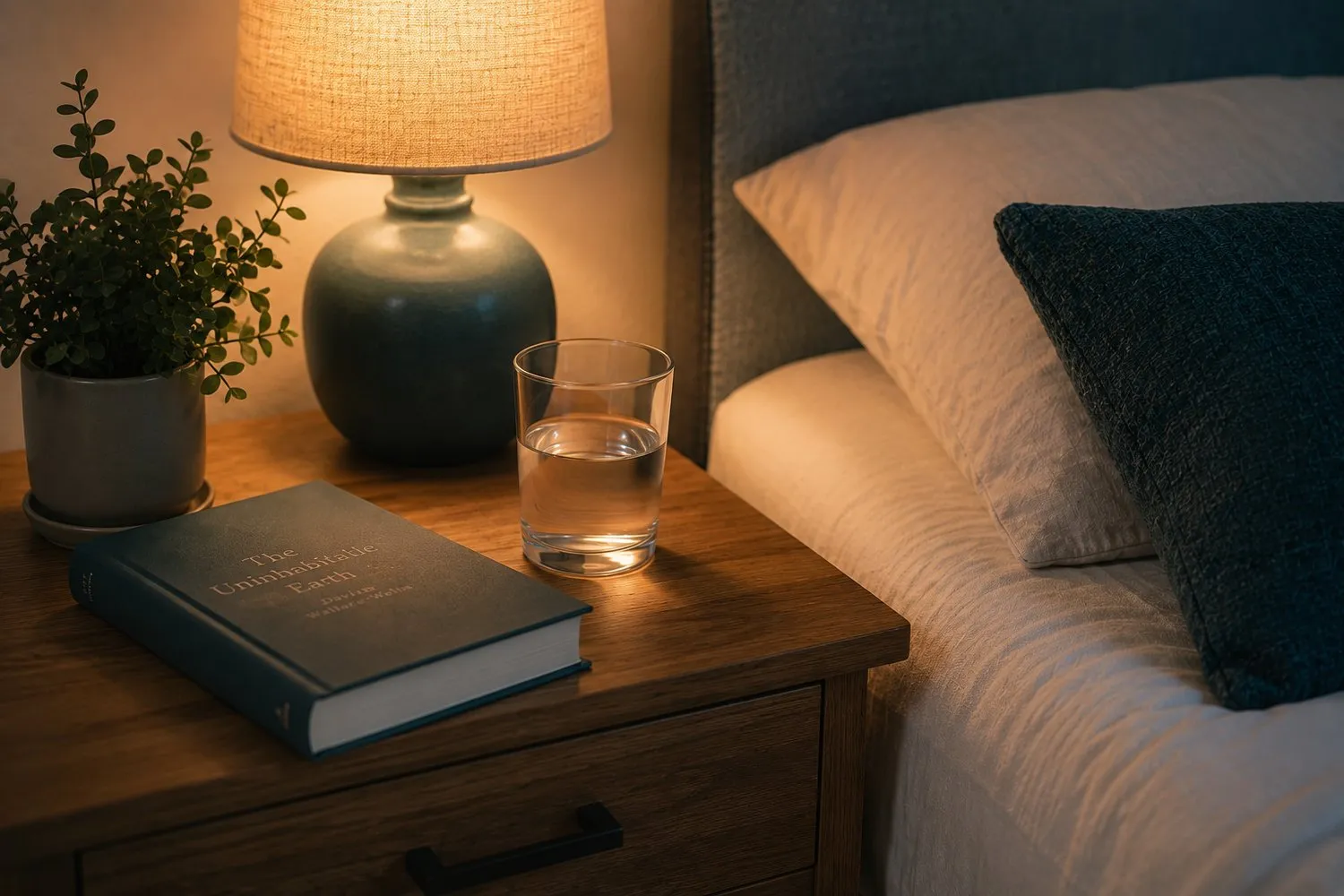 a tidy bedside table with a book and a glass of water in soft evening light a tidy bedside table with a book and a glass of water in soft evening light