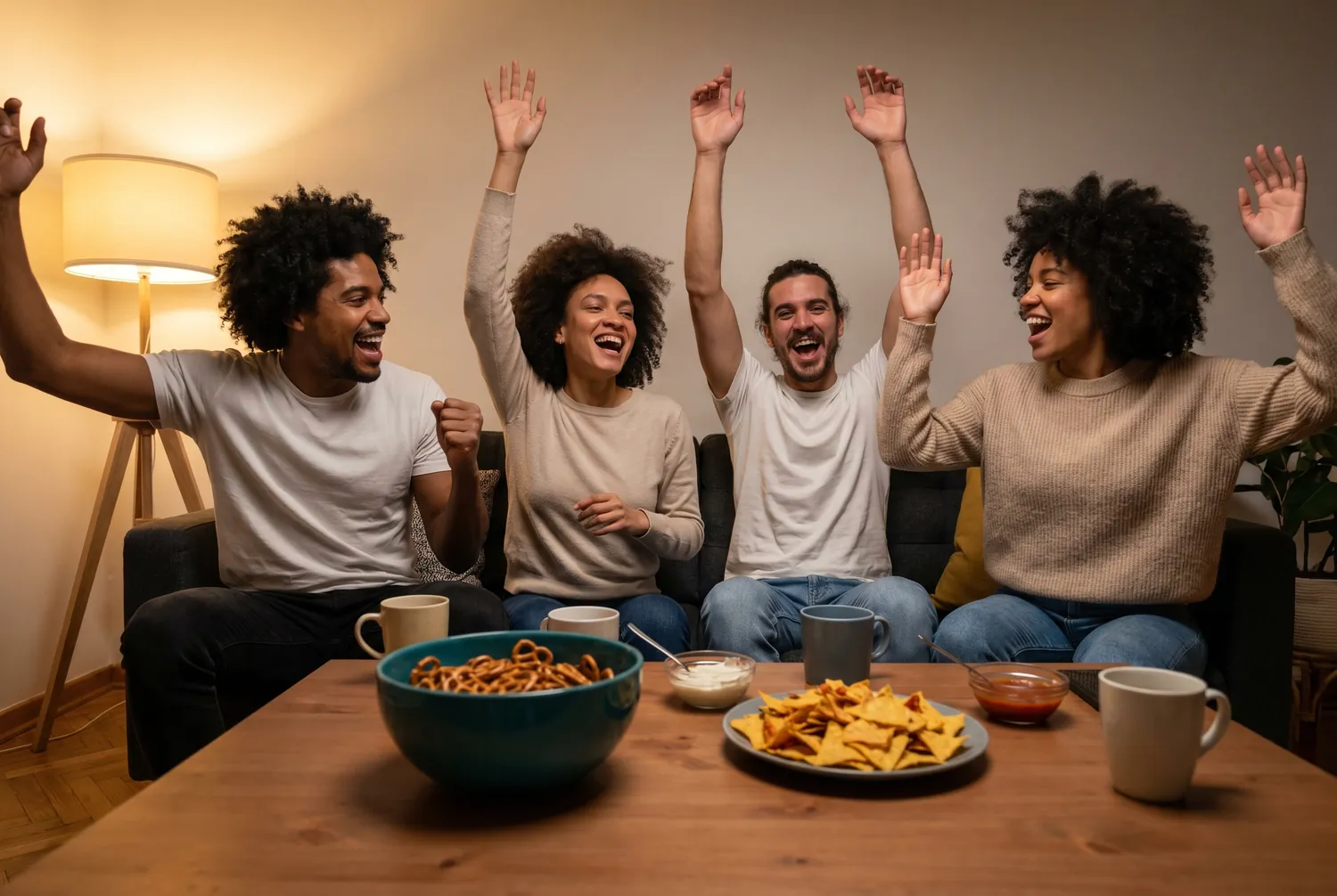 Four friends cheering together around a snack-covered coffee table at a game-day watch party Four friends cheering together around a snack-covered coffee table at a game-day watch party