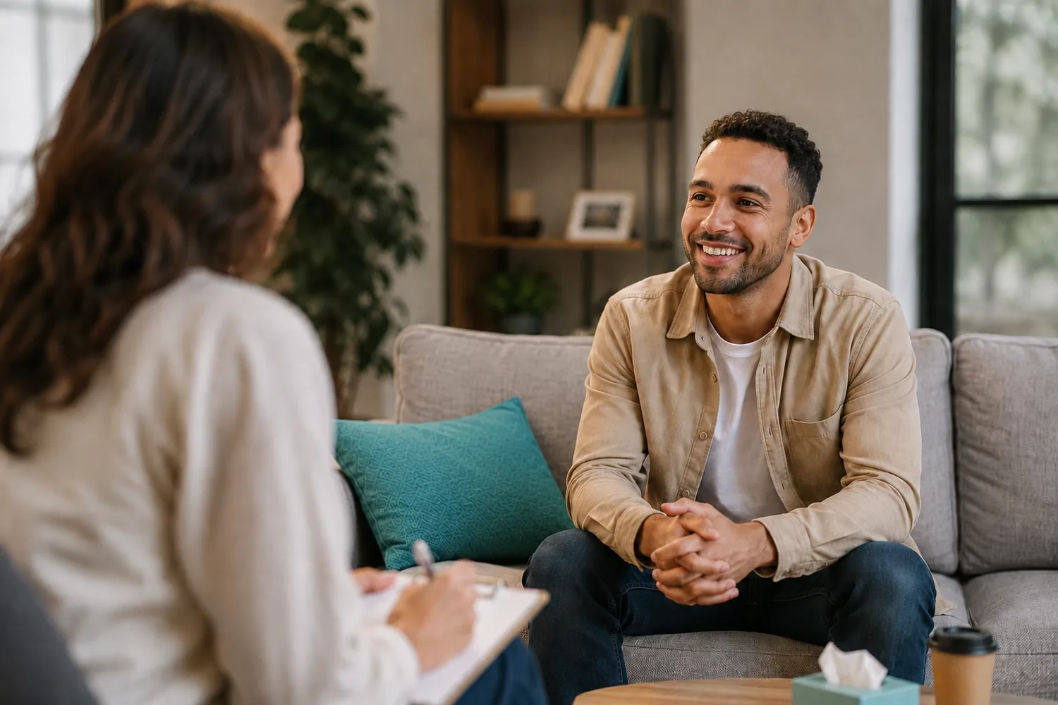 A relaxed man smiles during a conversation with a clinician, a teal pillow beside him on the couch