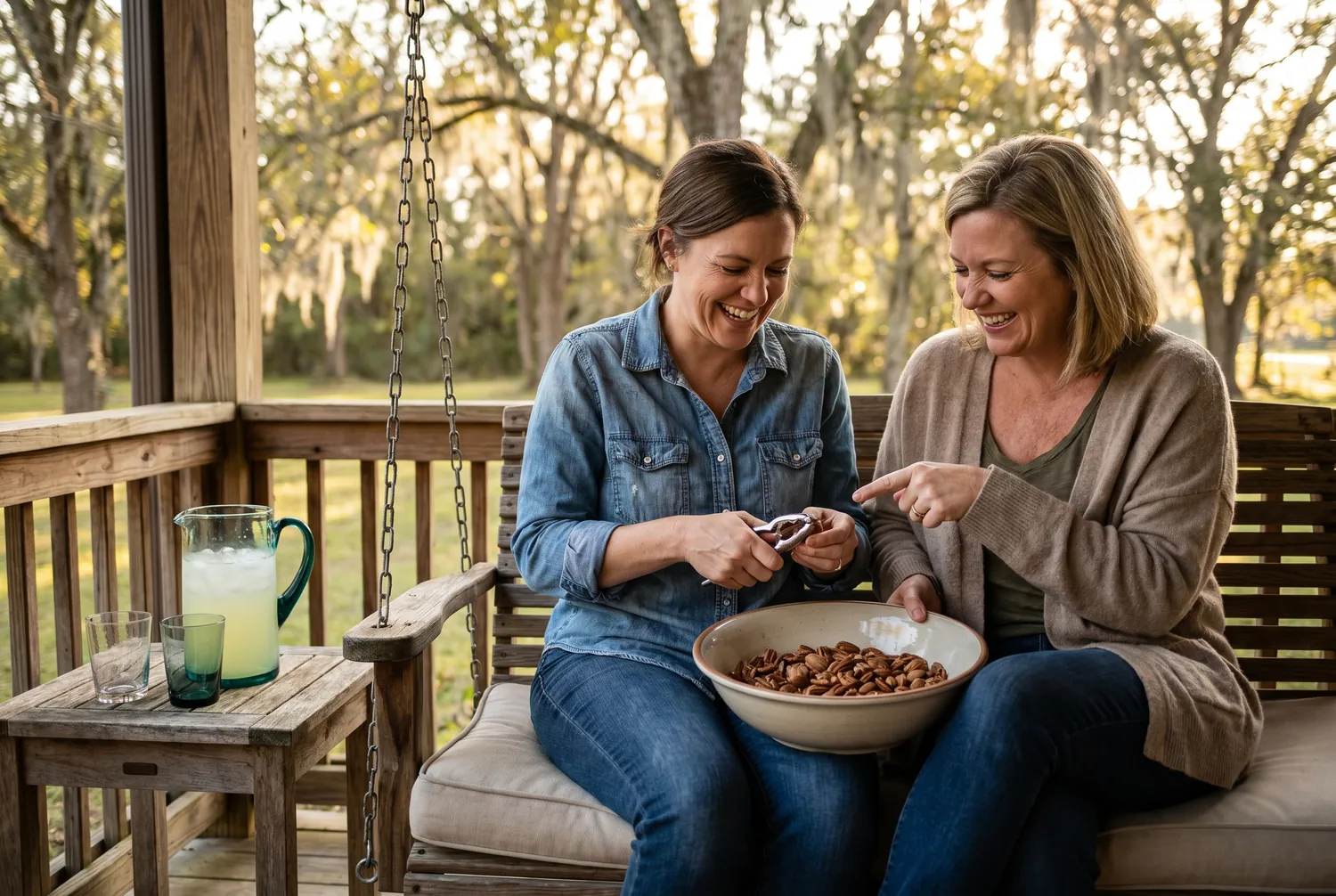 Shelling pecans on a porch swing in Albany, Georgia