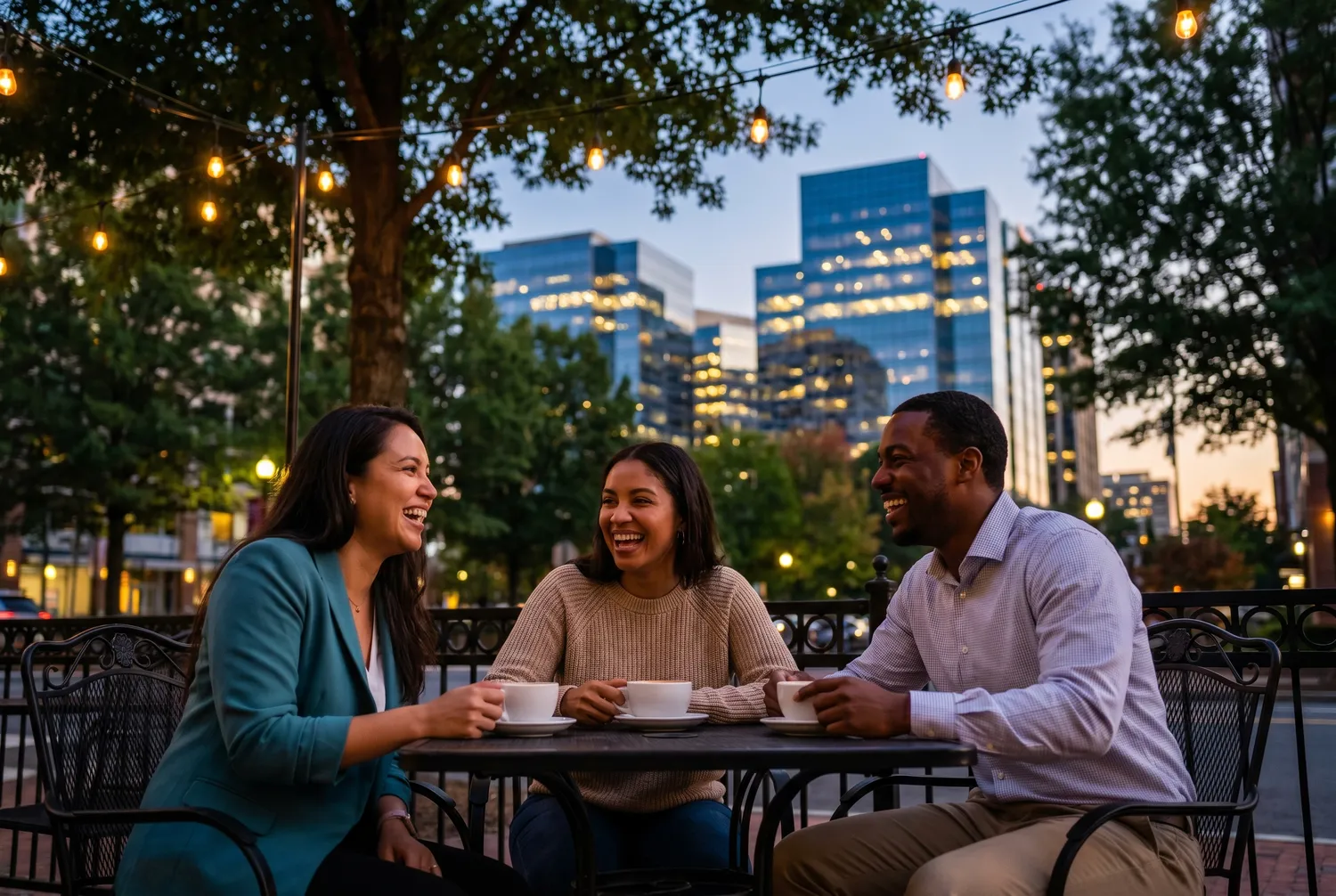 Friends over coffee at dusk with the Rosslyn skyline in Arlington, Virginia Friends over coffee at dusk with the Rosslyn skyline in Arlington, Virginia