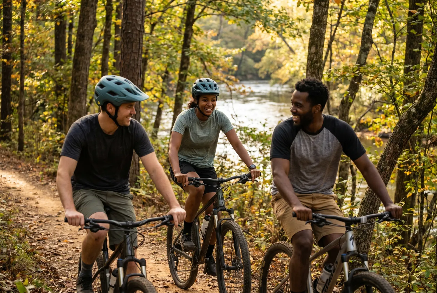 Mountain biking a wooded river trail in Athens, Georgia Mountain biking a wooded river trail in Athens, Georgia