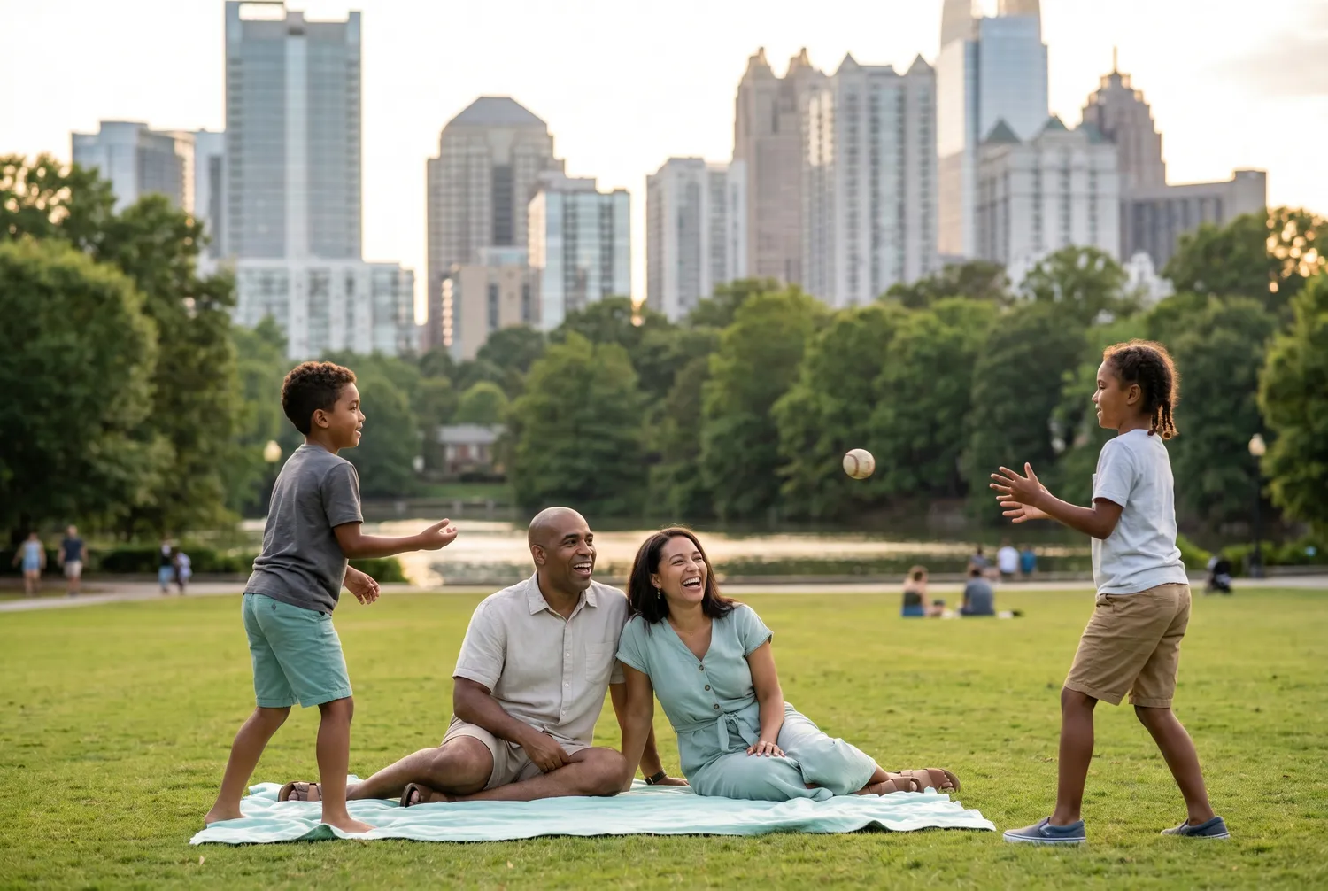 Family picnic at Piedmont Park with the Atlanta skyline