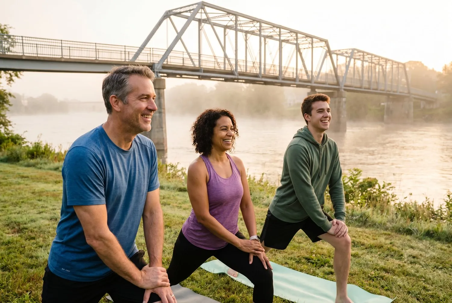 Morning yoga by the Androscoggin riverwalk in Auburn, Maine