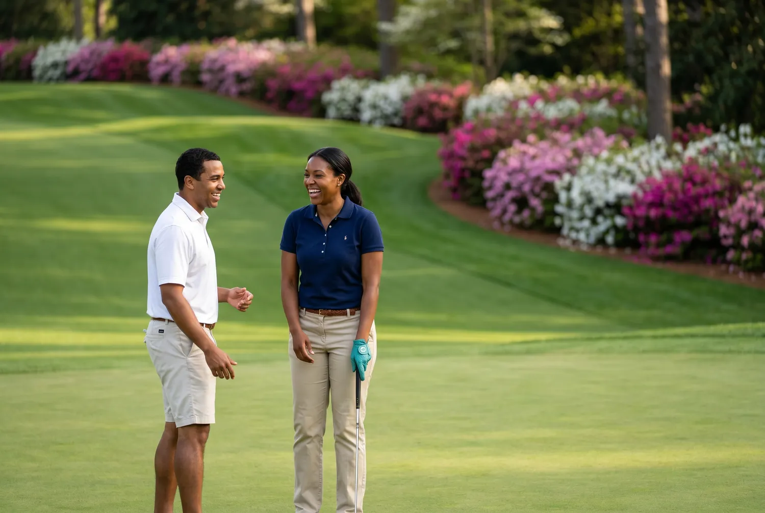 Two friends putting on an azalea lined golf green in Augusta, Georgia Two friends putting on an azalea lined golf green in Augusta, Georgia