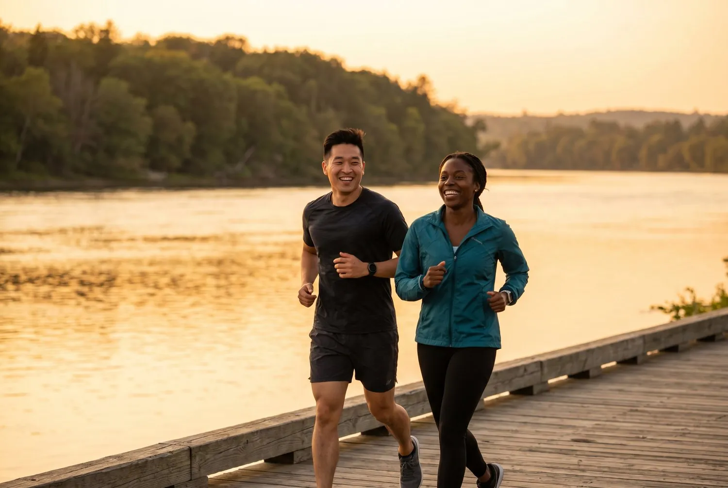 Two runners jogging the Bangor waterfront along the Penobscot River in Maine Two runners jogging the Bangor waterfront along the Penobscot River in Maine