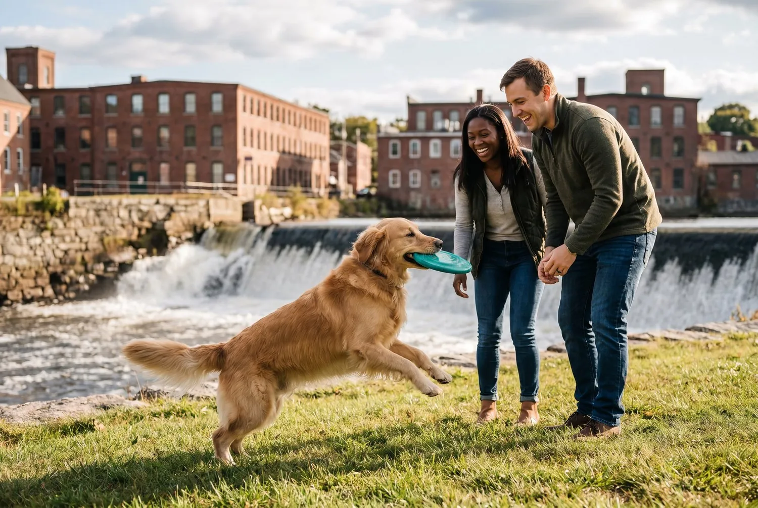 Couple playing fetch with their dog by the Saco River falls in Biddeford, Maine