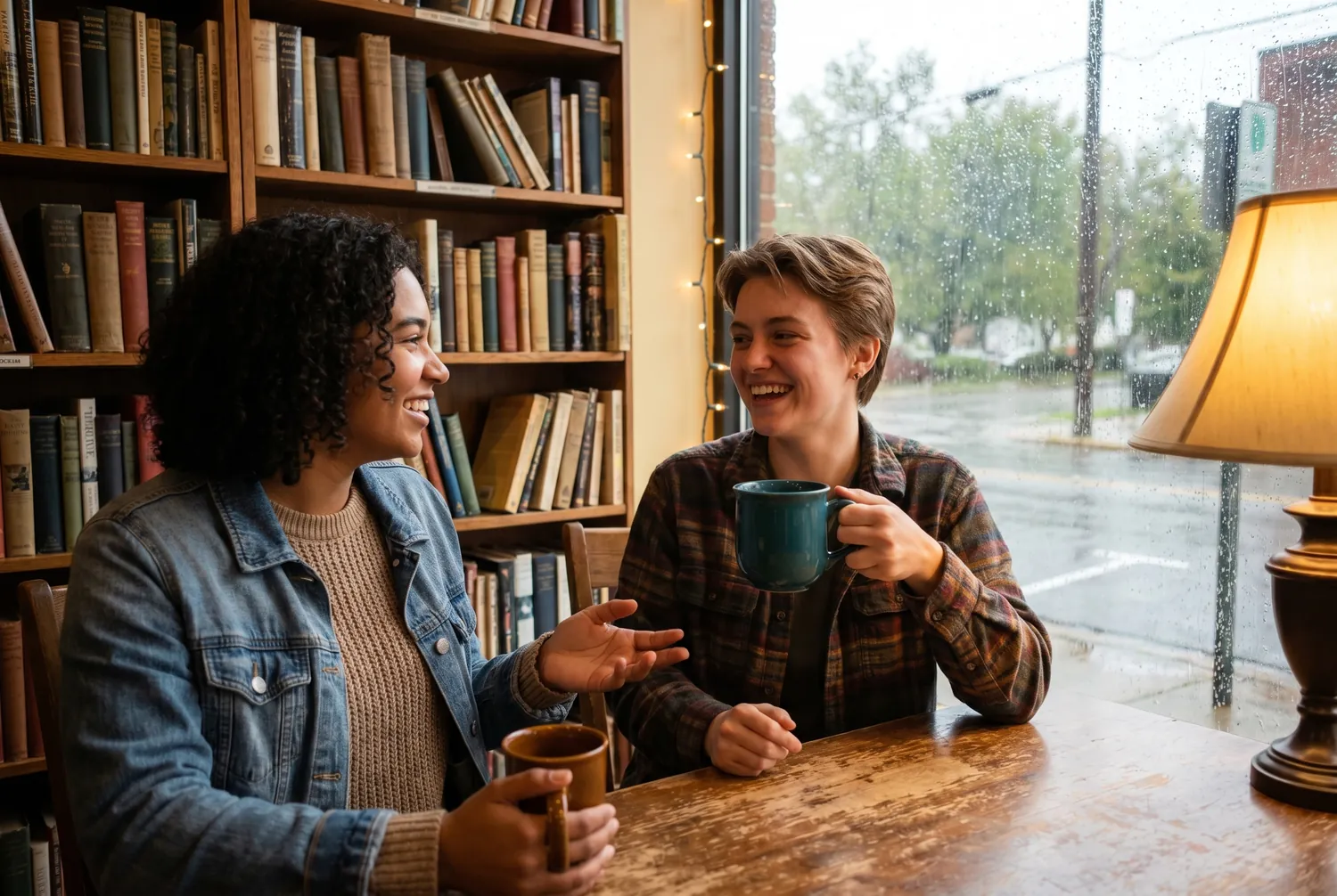 Coffee and conversation in a cozy Bloomington bookstore cafe Coffee and conversation in a cozy Bloomington bookstore cafe
