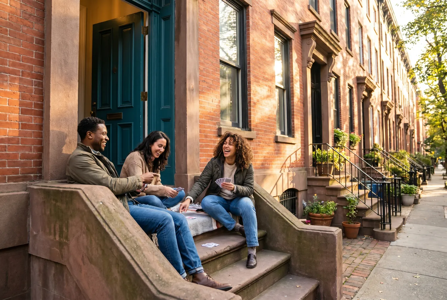 Friends playing cards on a Brooklyn brownstone stoop