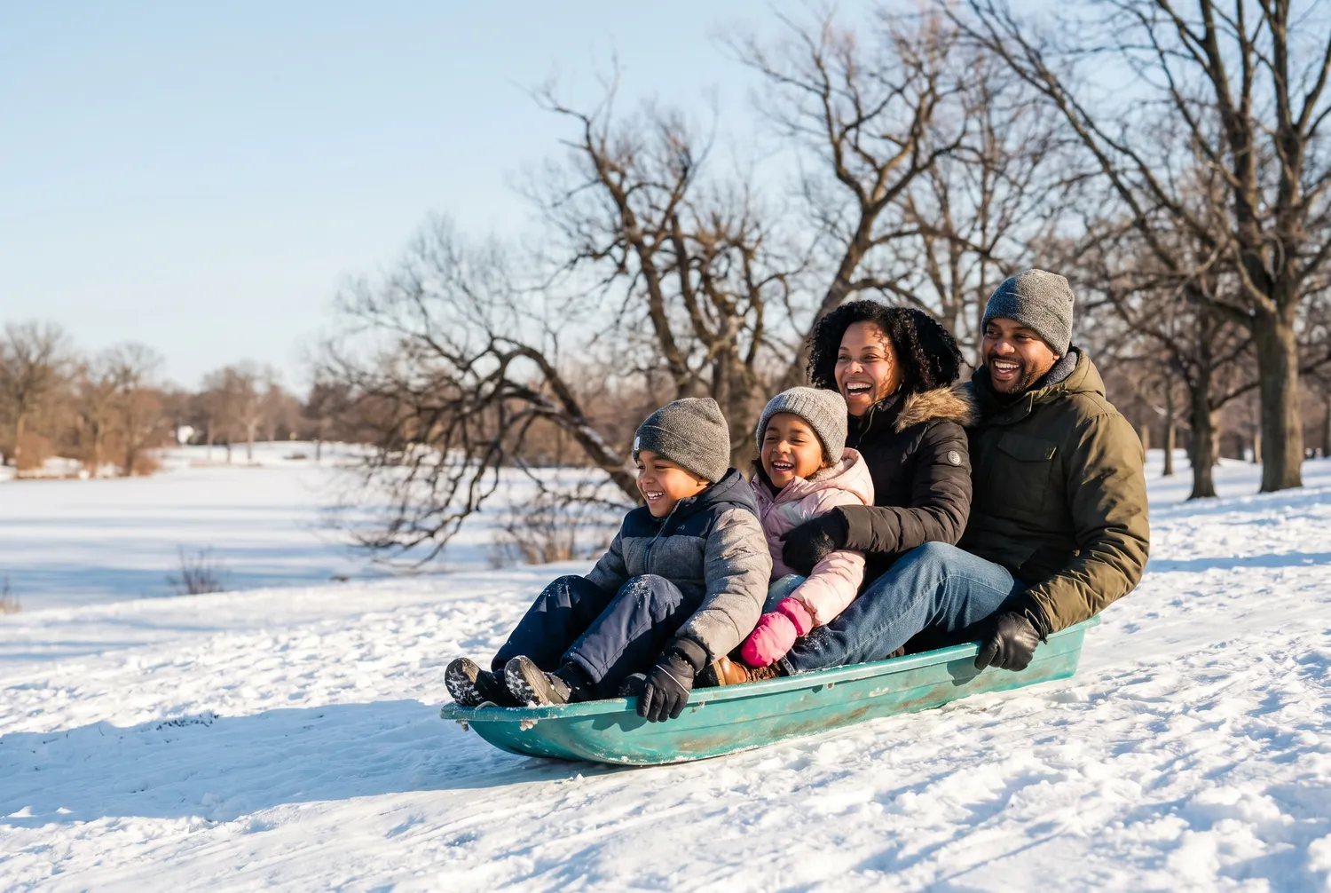 Family sledding in Delaware Park, Buffalo in winter