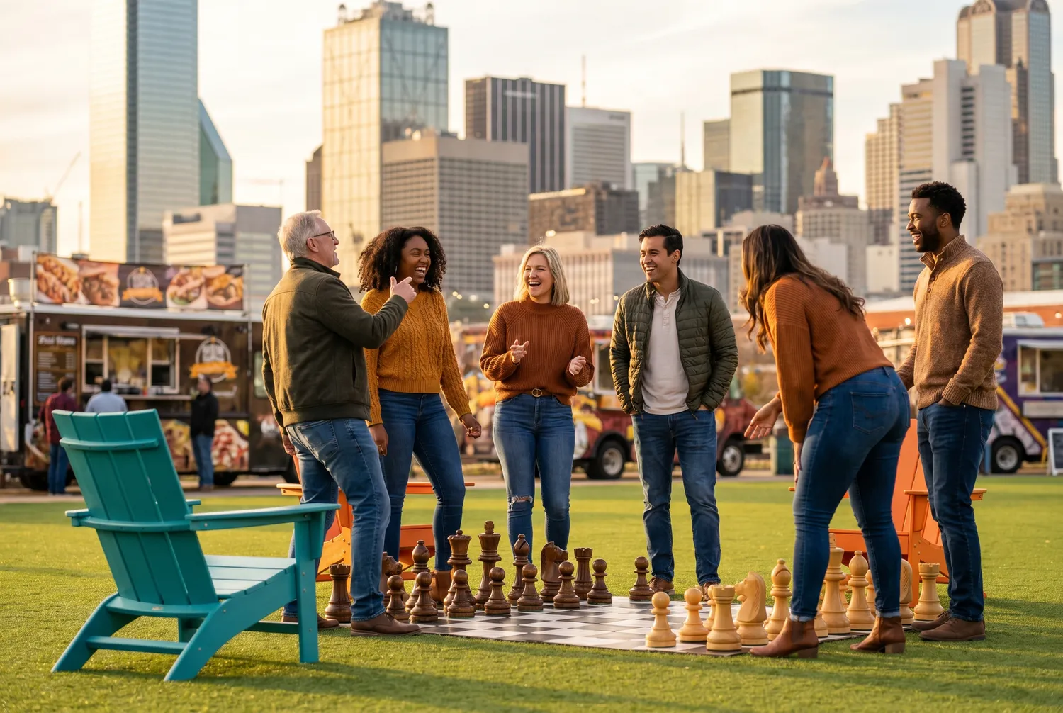 Friends playing lawn games at a downtown Dallas deck park Friends playing lawn games at a downtown Dallas deck park