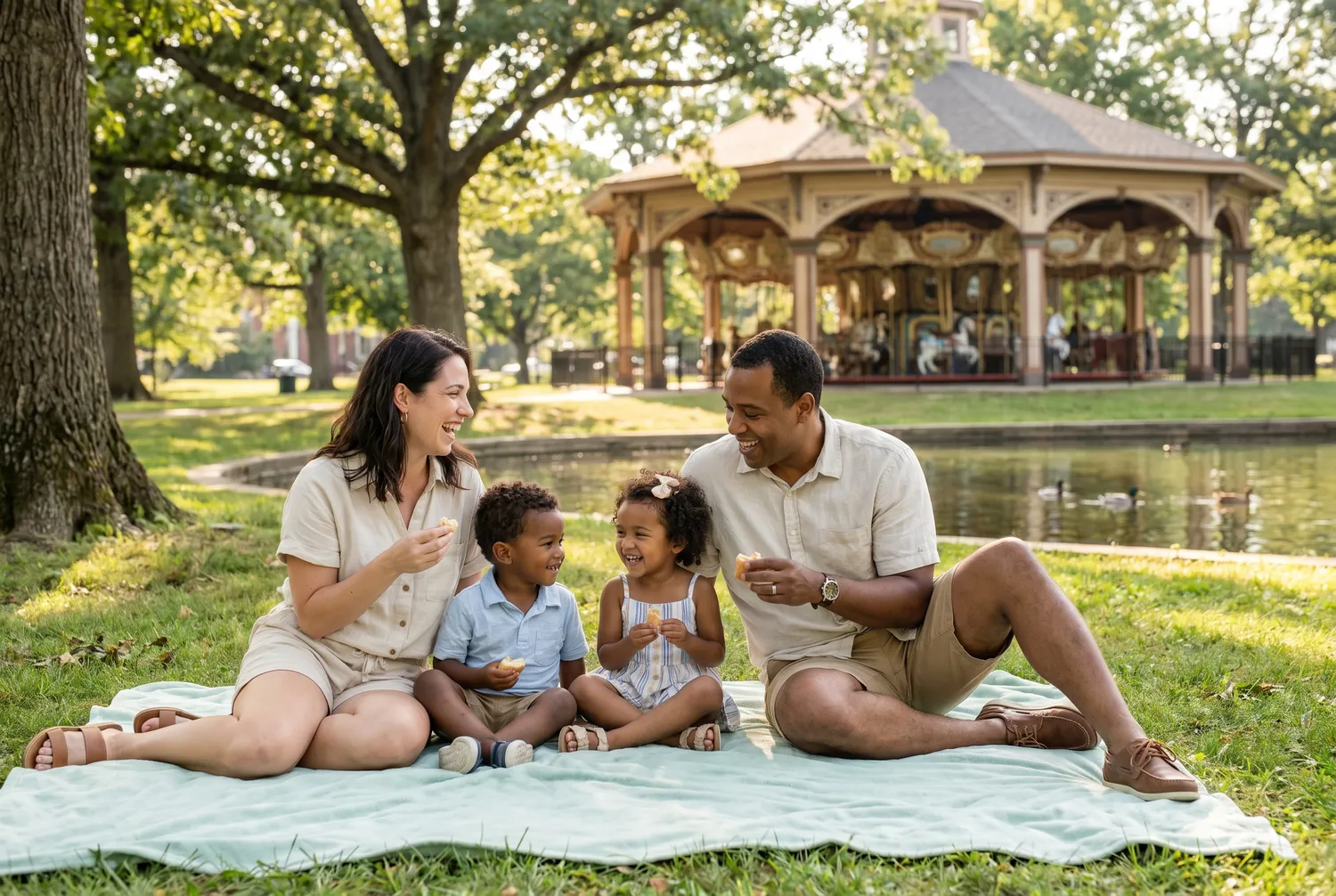 Family picnic under shade trees at a classic Evansville park Family picnic under shade trees at a classic Evansville park