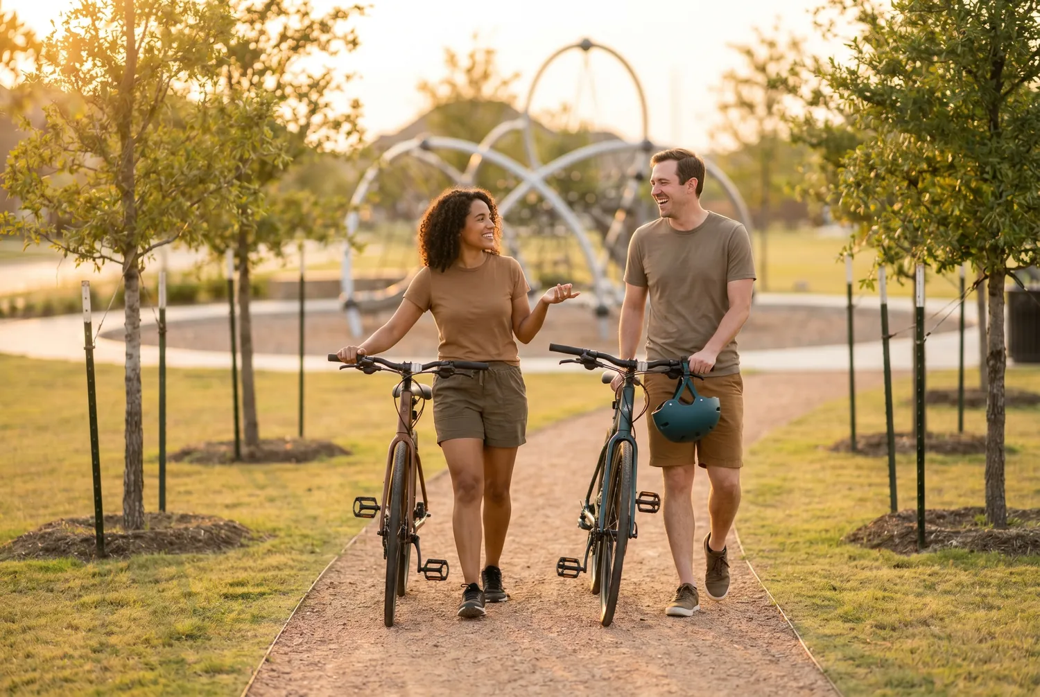 Couple walking bikes through a new Frisco neighborhood park at sunset Couple walking bikes through a new Frisco neighborhood park at sunset