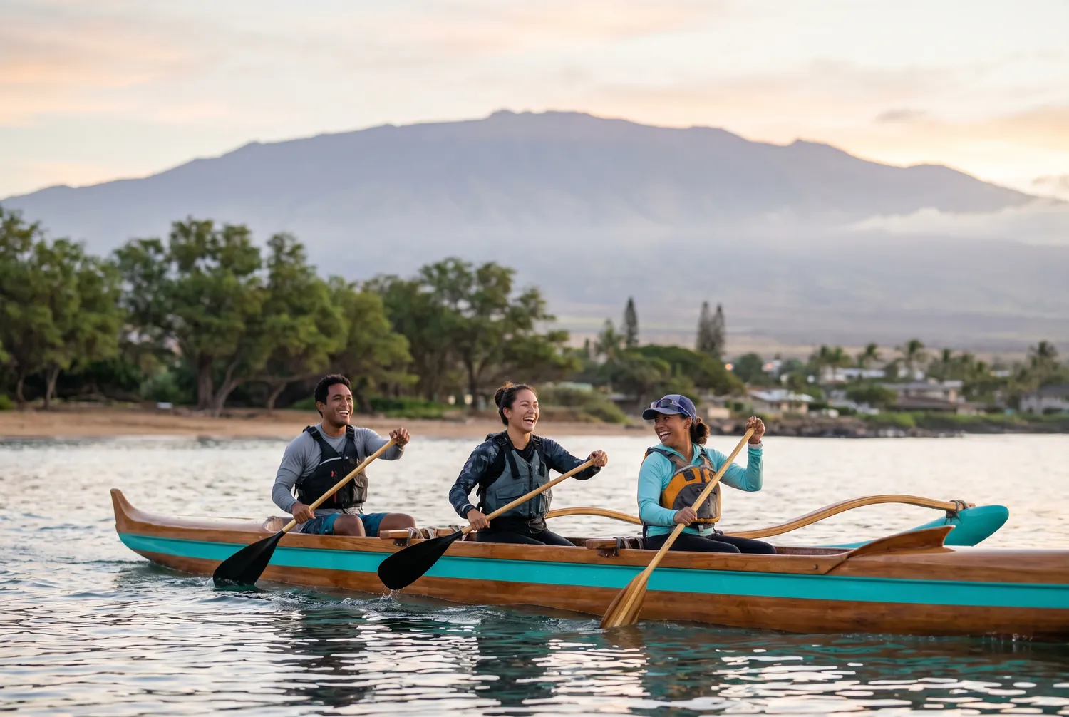 Outrigger canoe paddling off Kahului with Haleakala behind, Maui Outrigger canoe paddling off Kahului with Haleakala behind, Maui