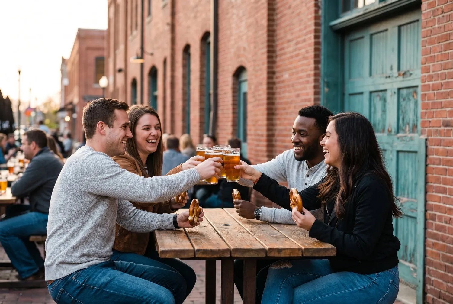 Friends on a patio in Lincoln Nebraska's Historic Haymarket district