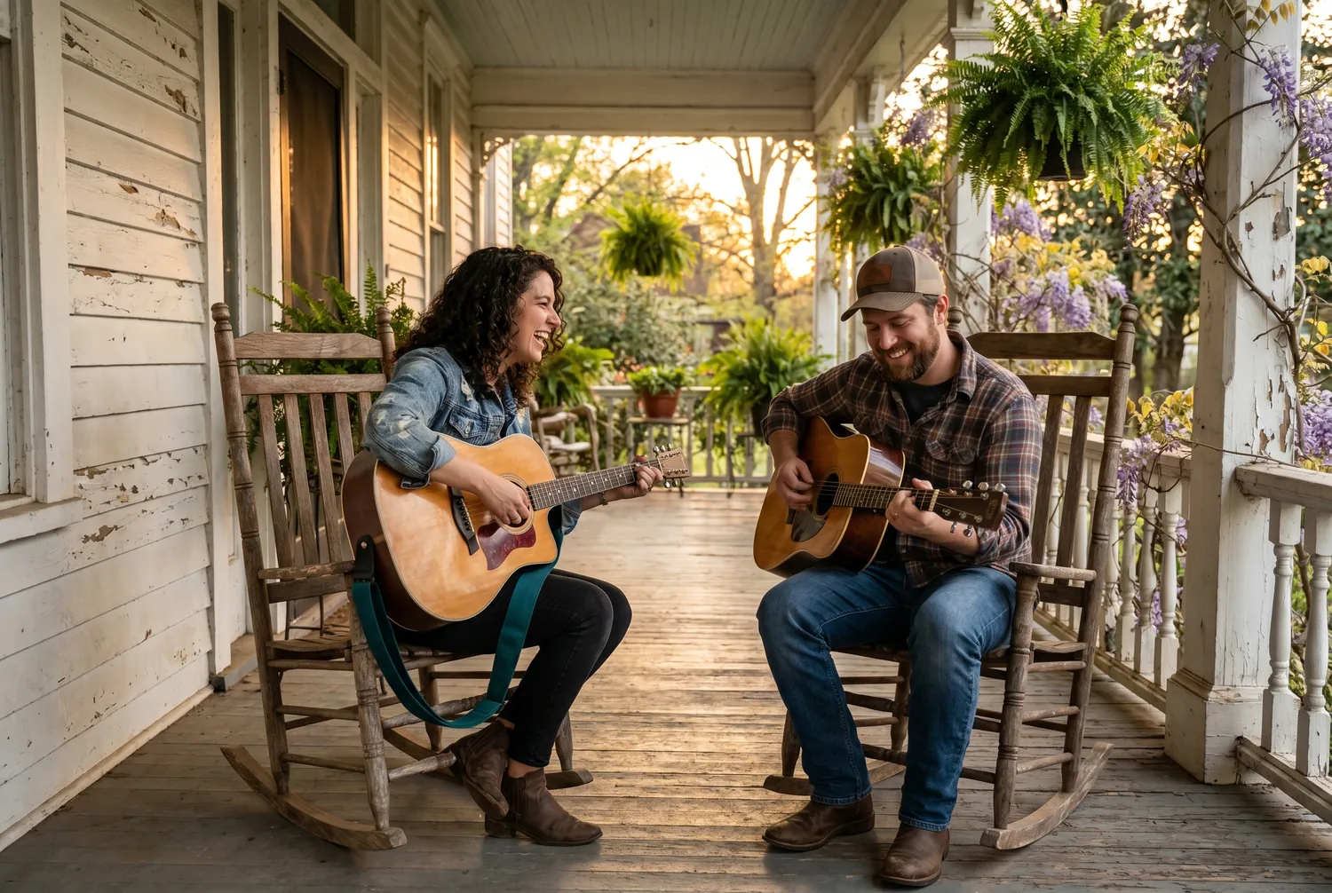Two friends playing acoustic guitars on a Macon porch