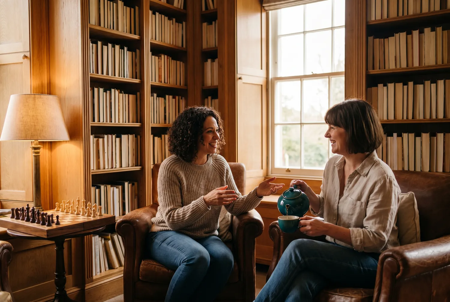 Tea and conversation in an elegant McLean home library